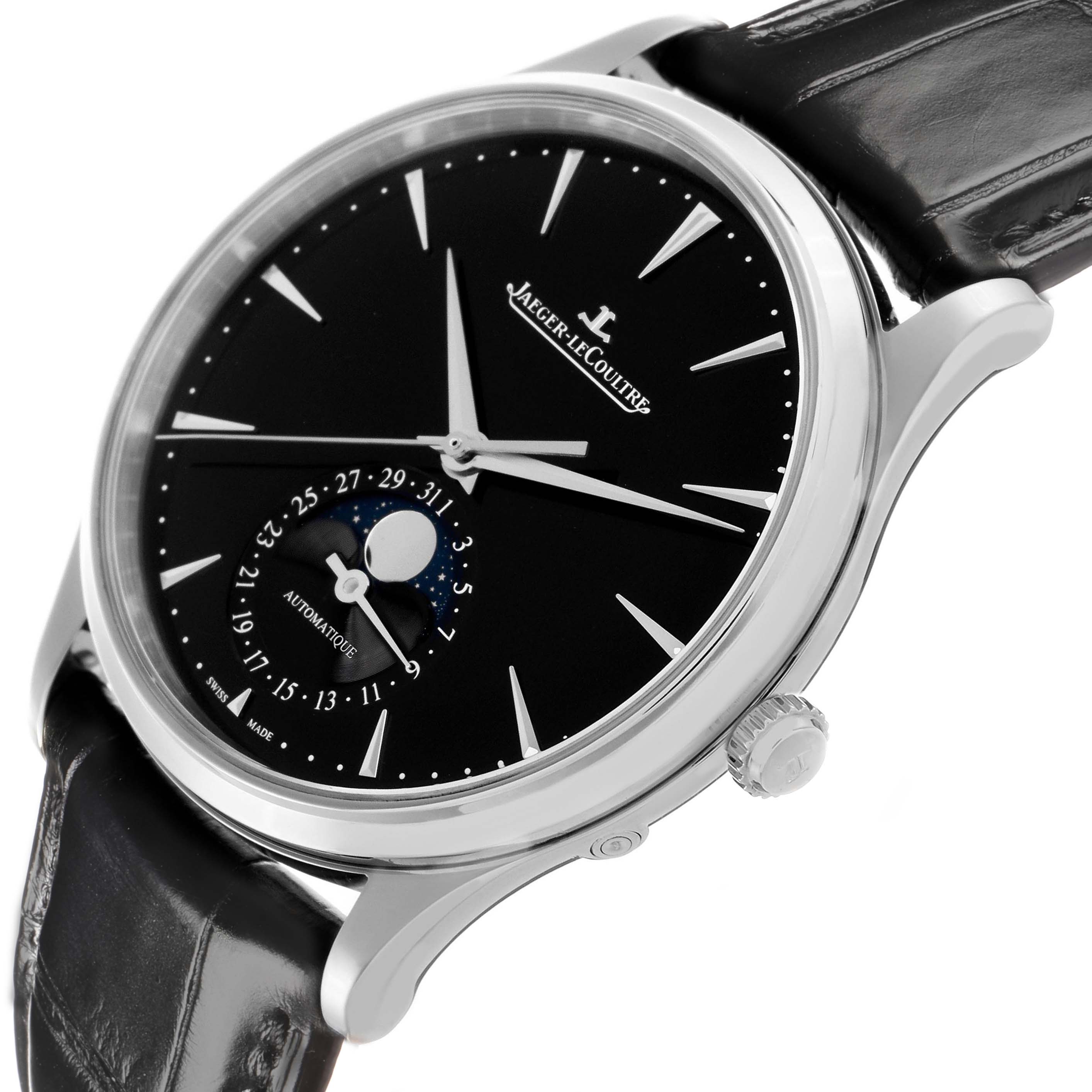 The Jaeger LeCoultre Master Q1368471 Men
s Stainless Steel Black Dial watch is shown from a side angle, highlighting the face, crown, and leather strap.