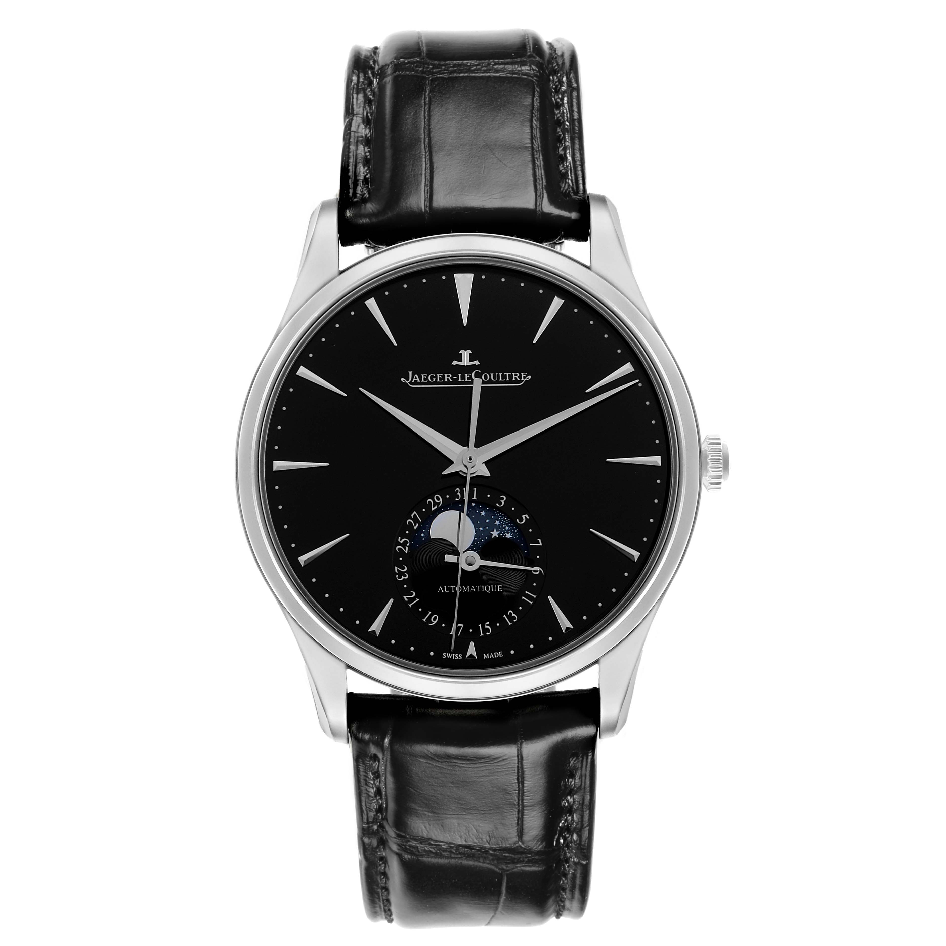 The Jaeger-LeCoultre Master watch is shown from the front, displaying the dial, hands, moon phase, and leather strap.