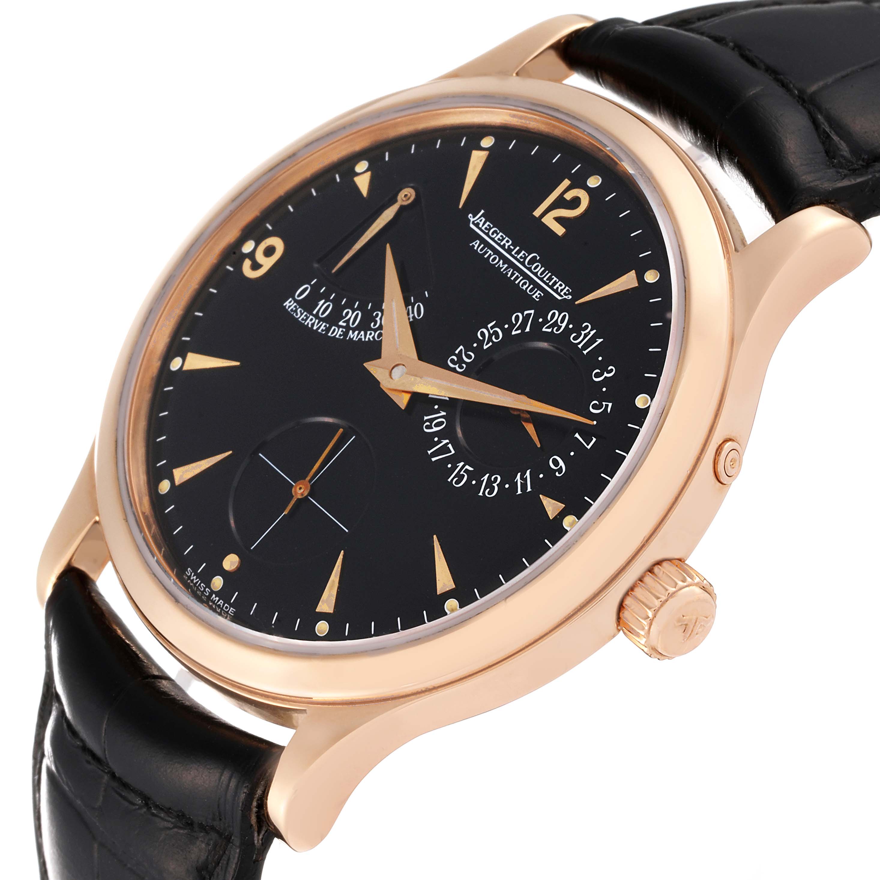The image shows a Jaeger-LeCoultre Master watch from a front and side angle, highlighting the black dial, gold case, and leather strap.