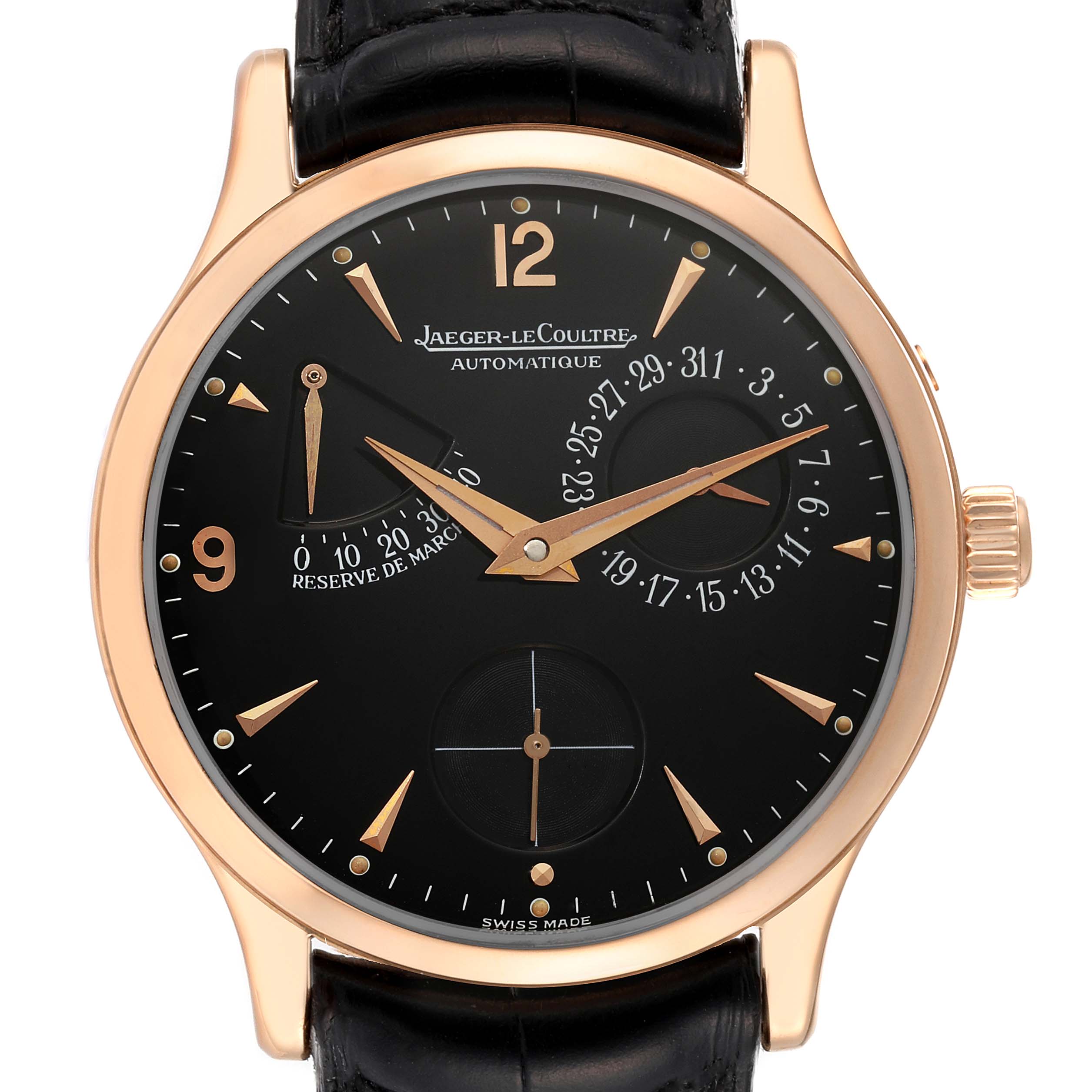 The image shows a front view of the Jaeger-LeCoultre Master model watch with a gold case and black dial.