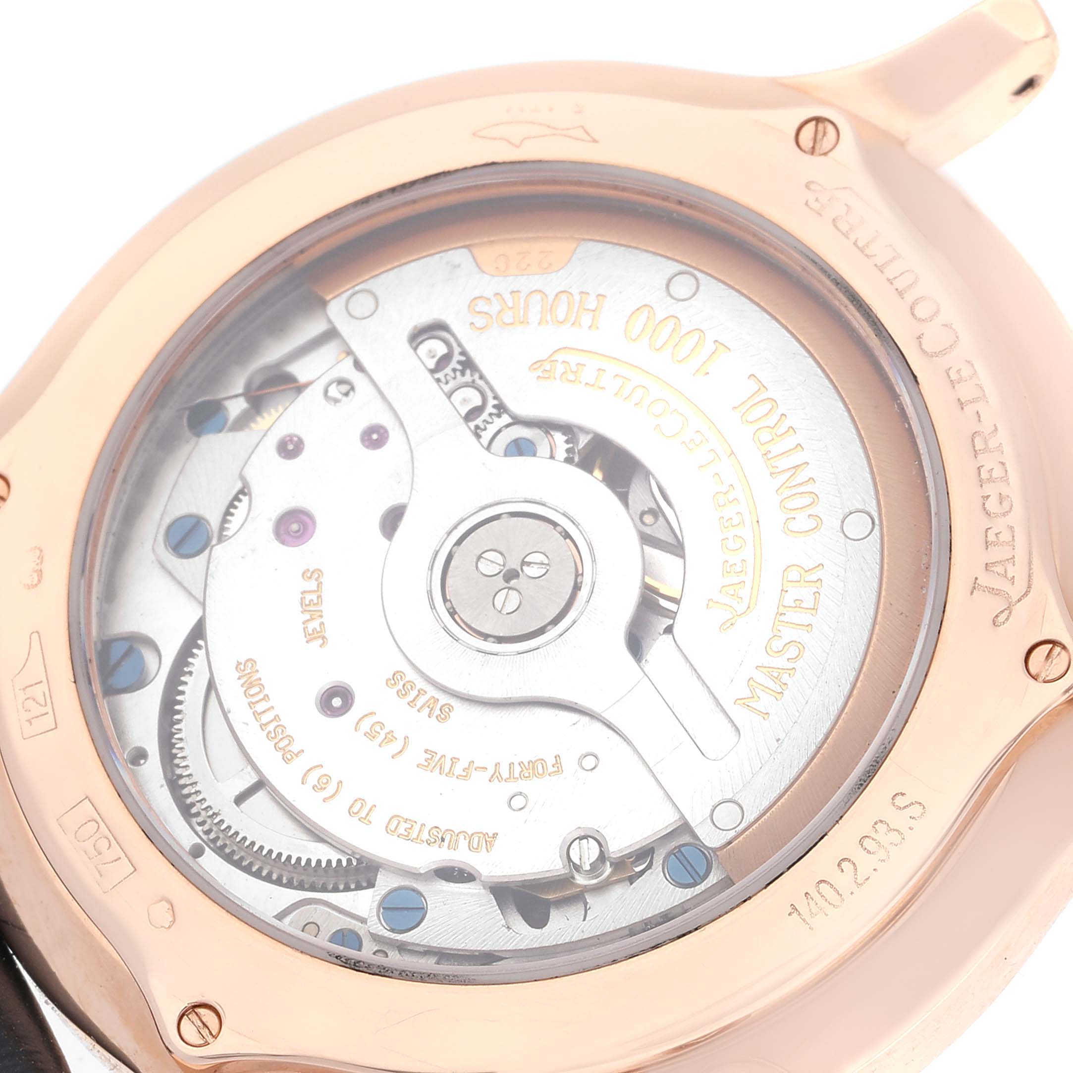 This image shows the back view of the Jaeger-LeCoultre Master model watch, highlighting its intricate movement.