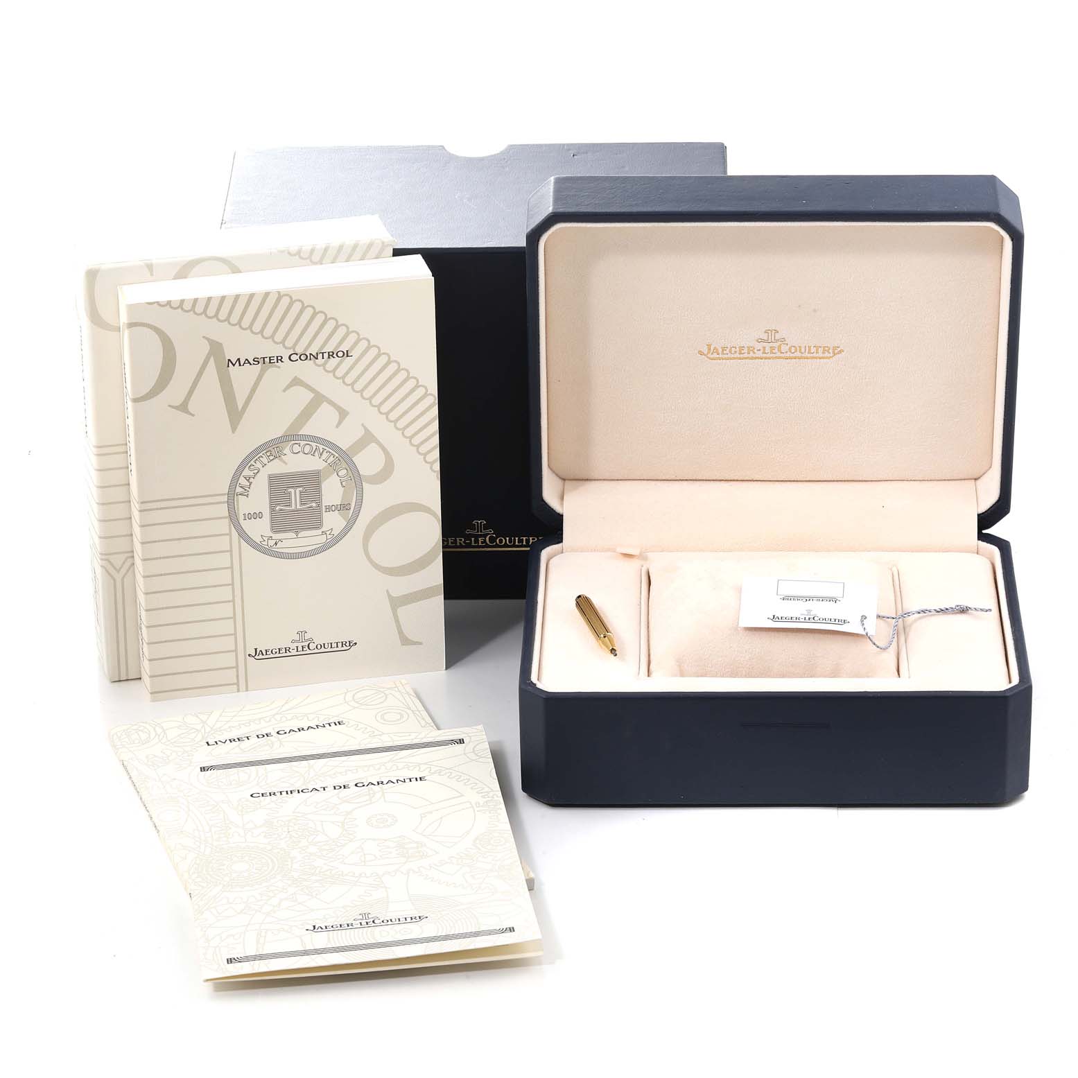 The image shows the Jaeger-LeCoultre Master model's watch box, manuals, and certification papers from a front angle.