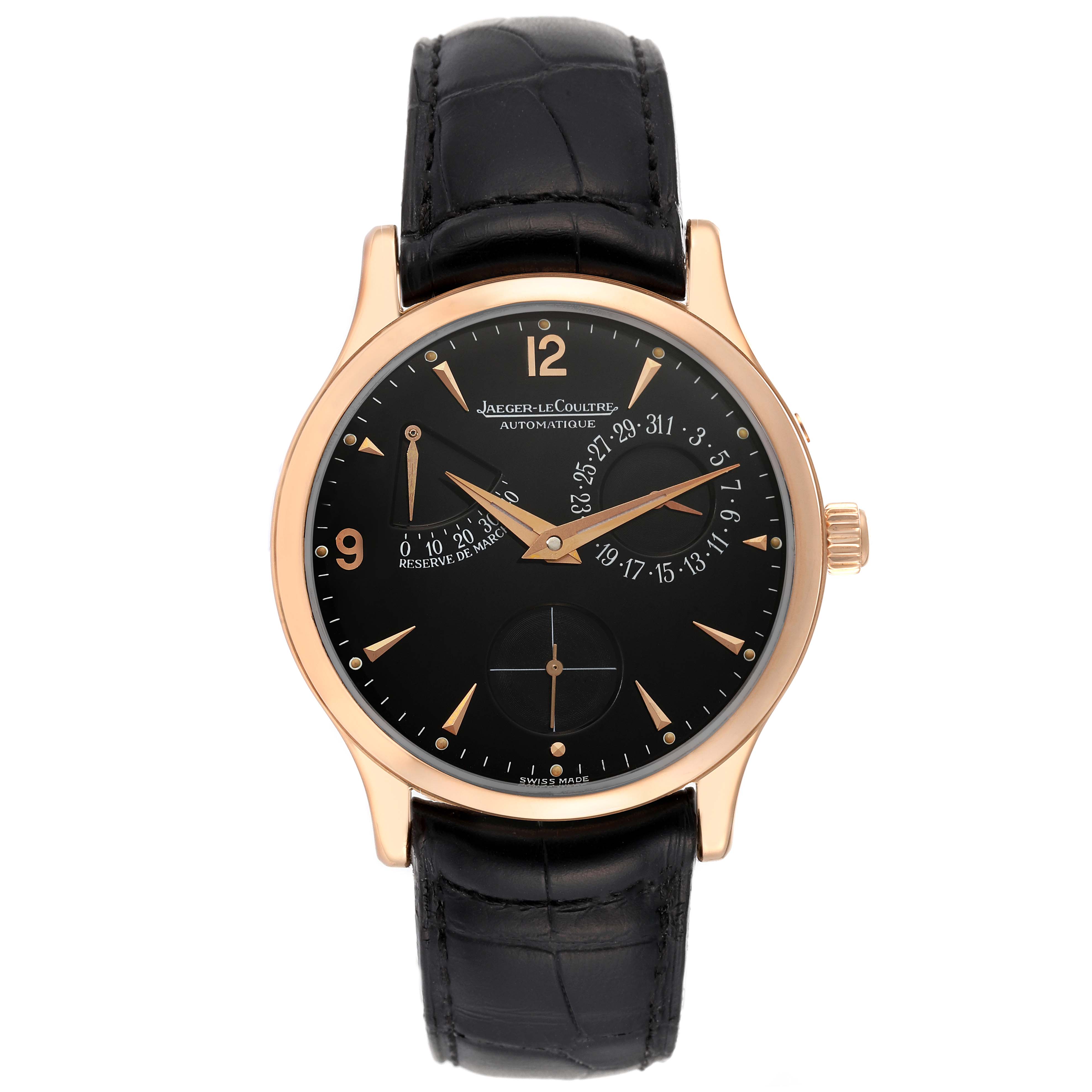 The image shows a front angle of a Jaeger-LeCoultre Master model watch with a black dial and gold case.
