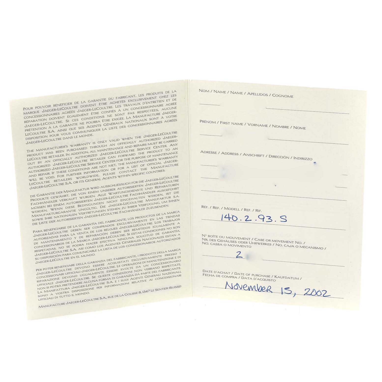 The image shows the open guarantee certificate for a Jaeger LeCoultre Master 140.2.93.S Men's Rose Gold Black Dial 140.2.93.S Men's Rose Gold Black Dial model.