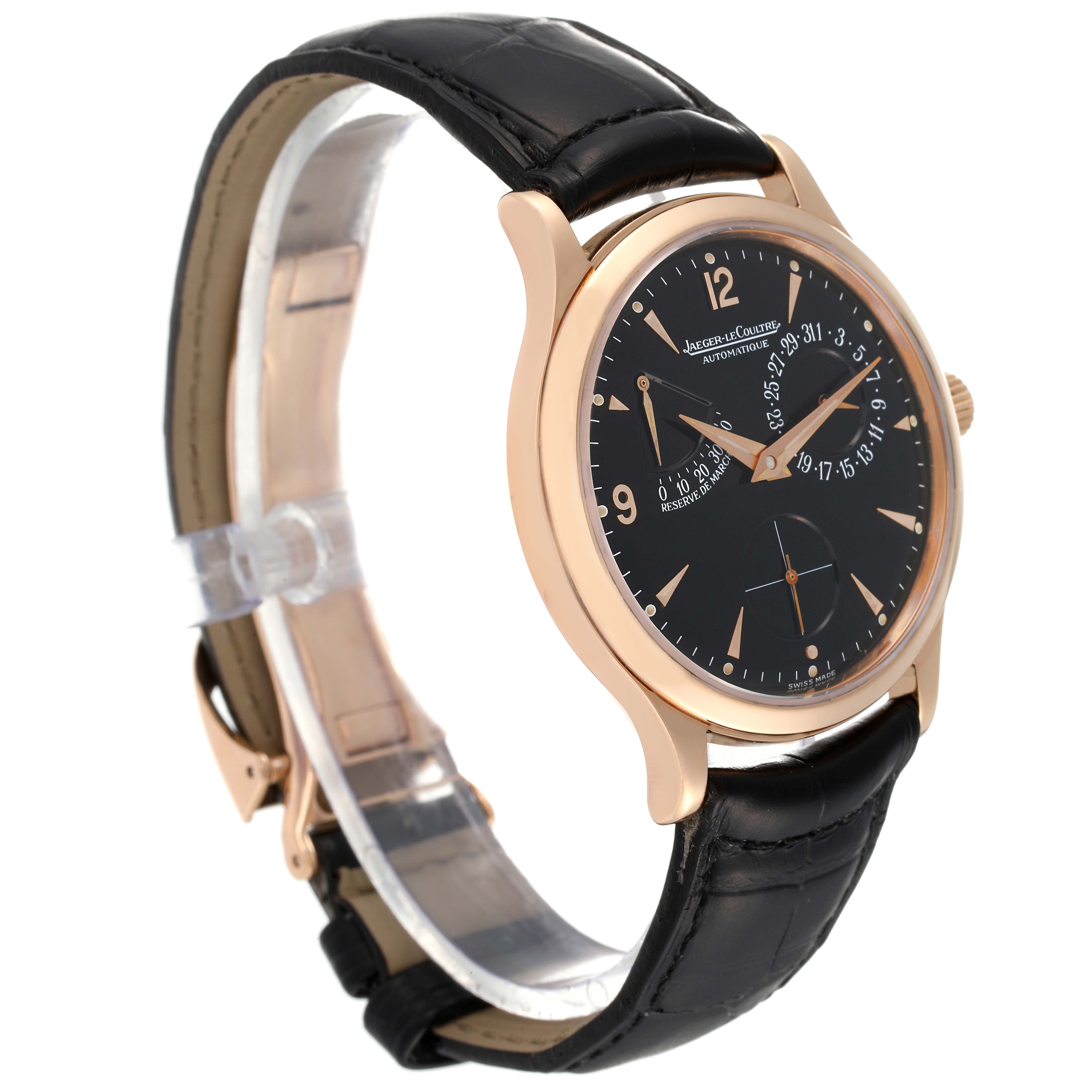 The Jaeger LeCoultre Master 140.2.93.S Men's Rose Gold Black Dial 140.2.93.S Men's Rose Gold Black Dial model watch is shown at a slight angle, highlighting its black dial, gold case, and leather strap.