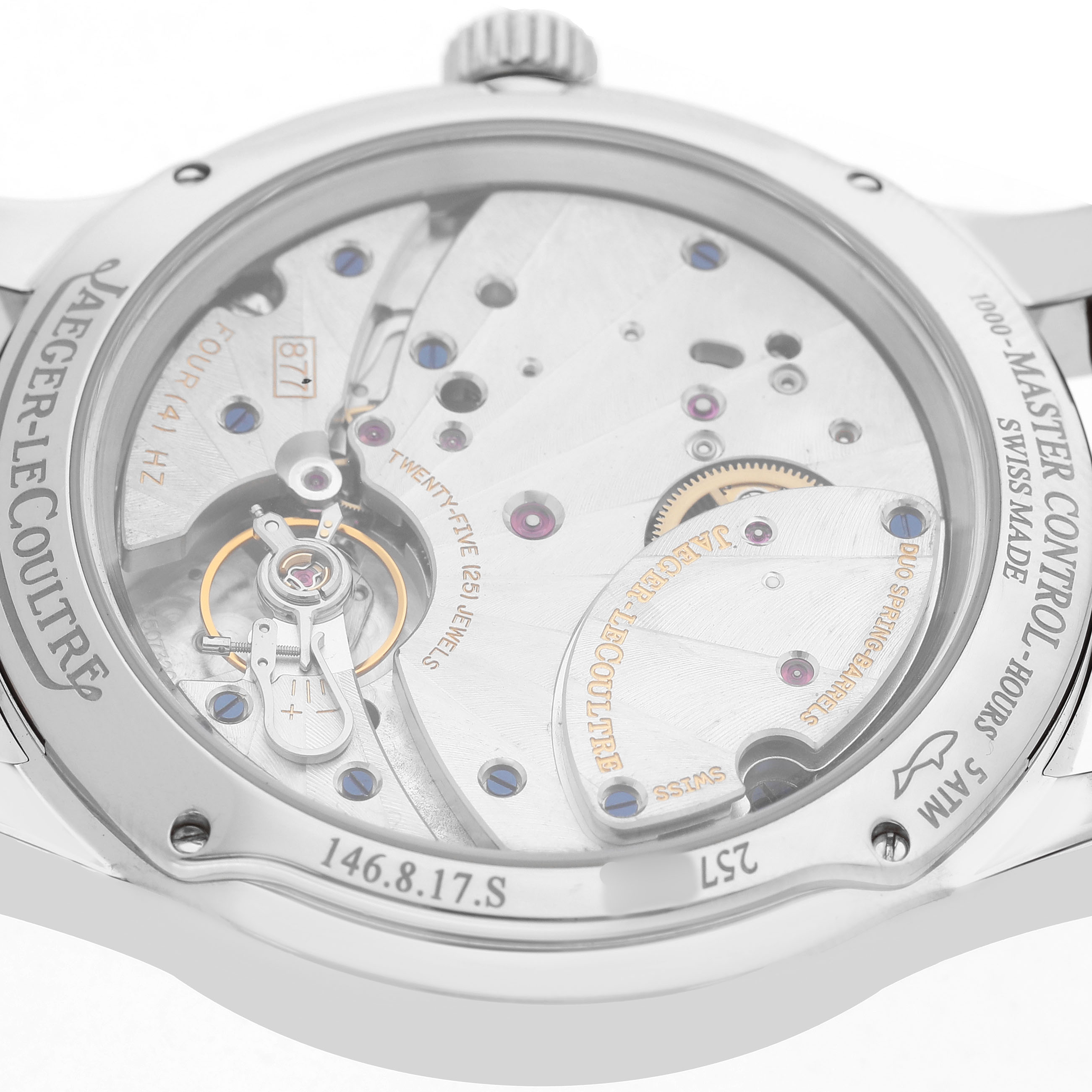 The image shows the back view of a Jaeger-LeCoultre Master model, revealing the inner movement and components.