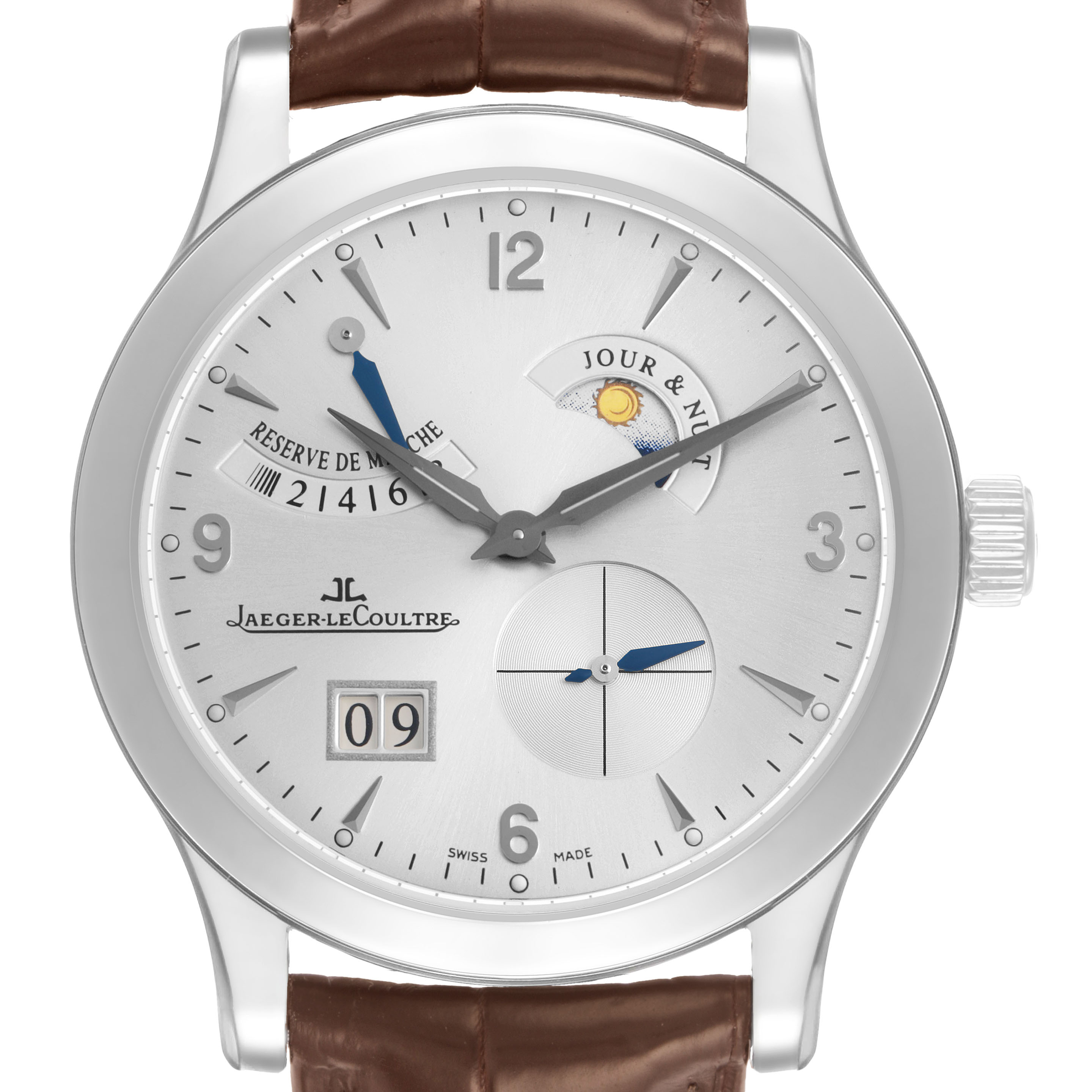 The Jaeger LeCoultre Master Q1608420 Men's Stainless Steel Silver Dial watch is shown from a front angle featuring its dial, hands, subdial, date window, and day/night indicator.