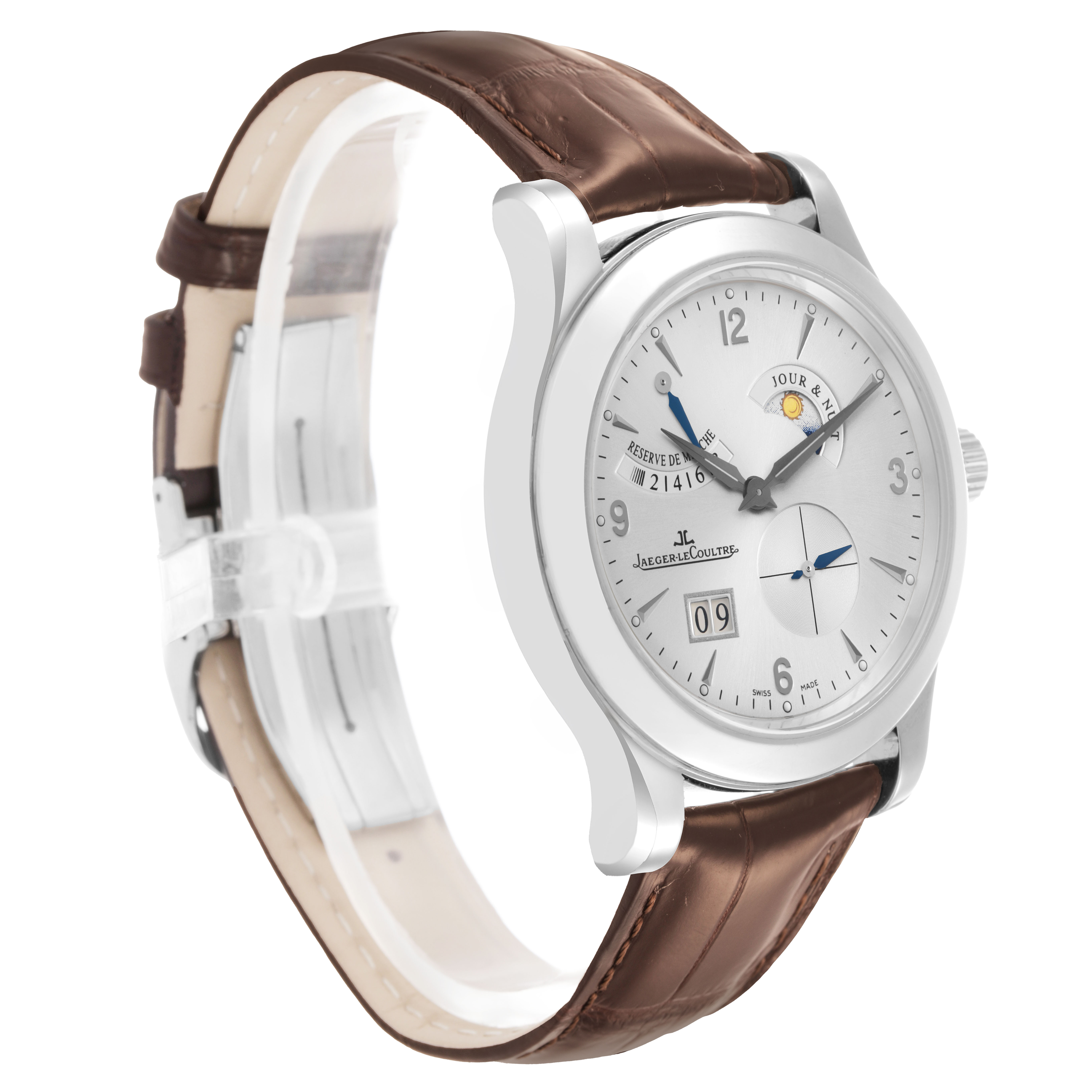 The Jaeger LeCoultre Master Q1608420 Men's Stainless Steel Silver Dial watch is shown at a slight angle highlighting the dial, brown leather strap, and silver case.