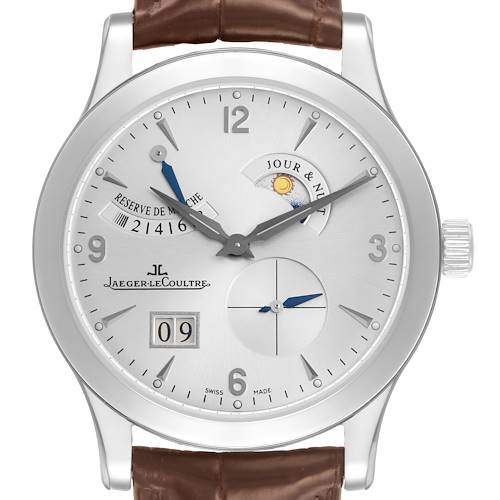 The Jaeger-LeCoultre Master watch is shown from a front angle, highlighting its dial, subdials, and functions.