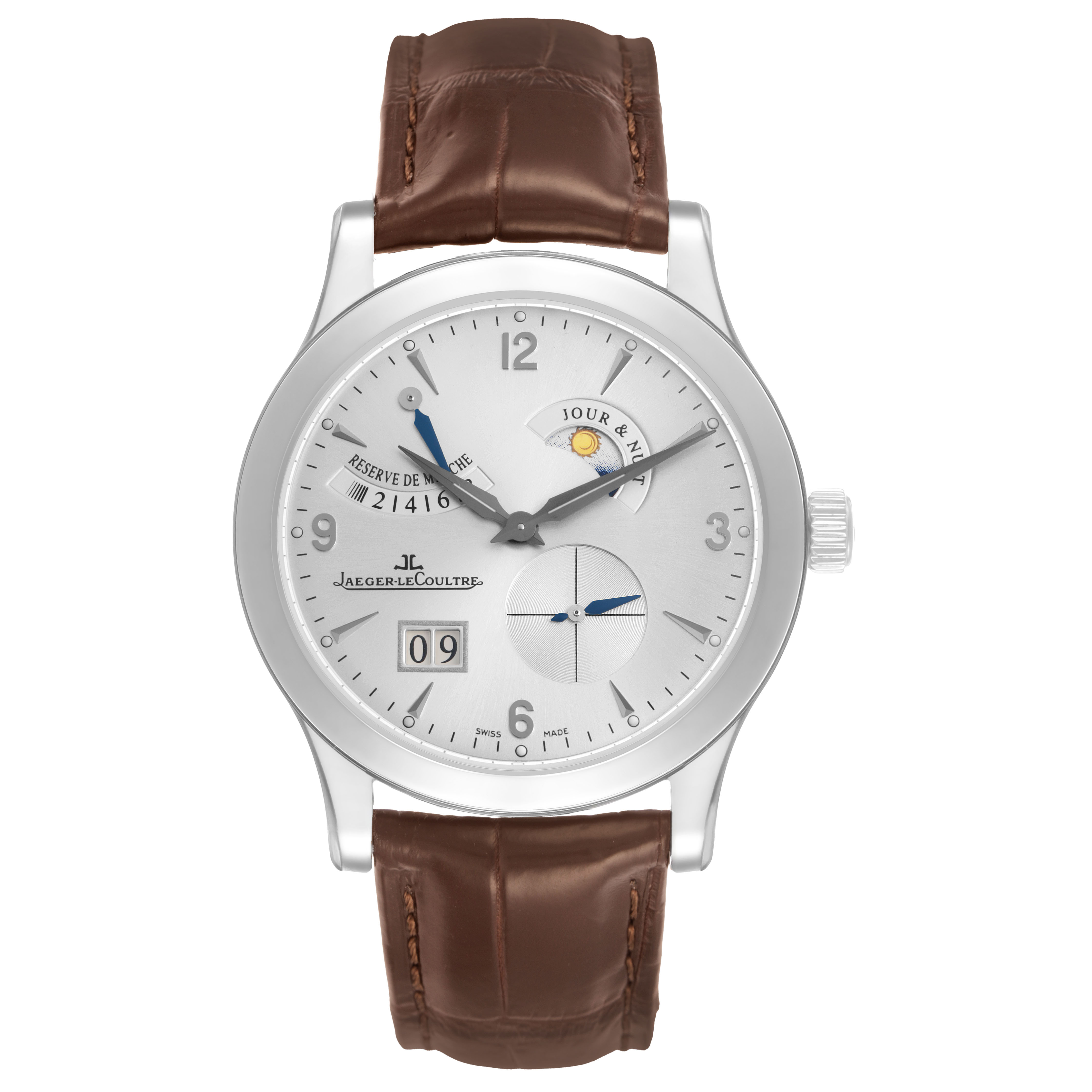 The Jaeger LeCoultre Master Q1608420 Men's Stainless Steel Silver Dial watch is shown from a top-down angle, displaying its dial, brown strap, and crown.