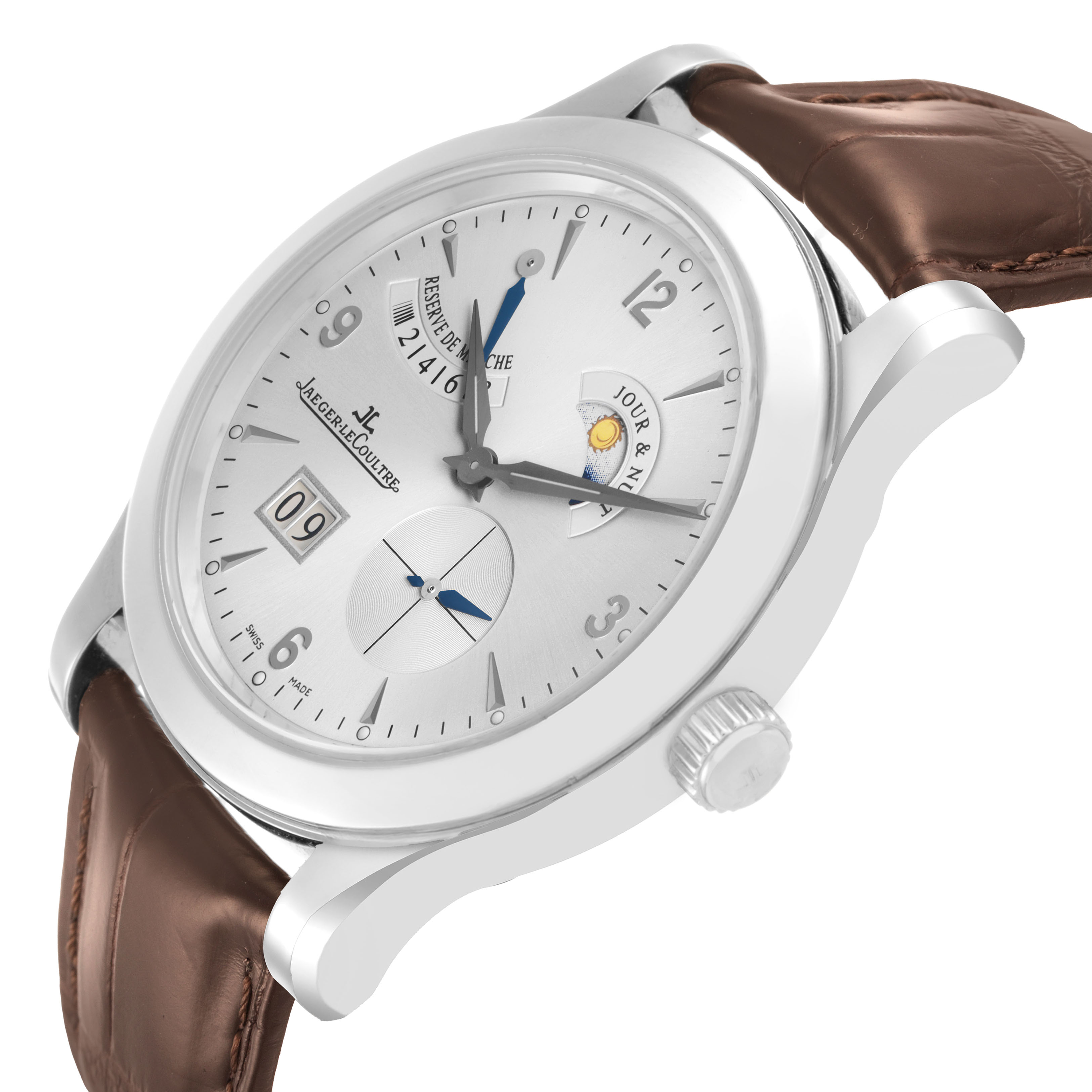 The Jaeger LeCoultre Master Q1608420 Men's Stainless Steel Silver Dial model is shown at an angle displaying the dial, crown, and brown leather strap.