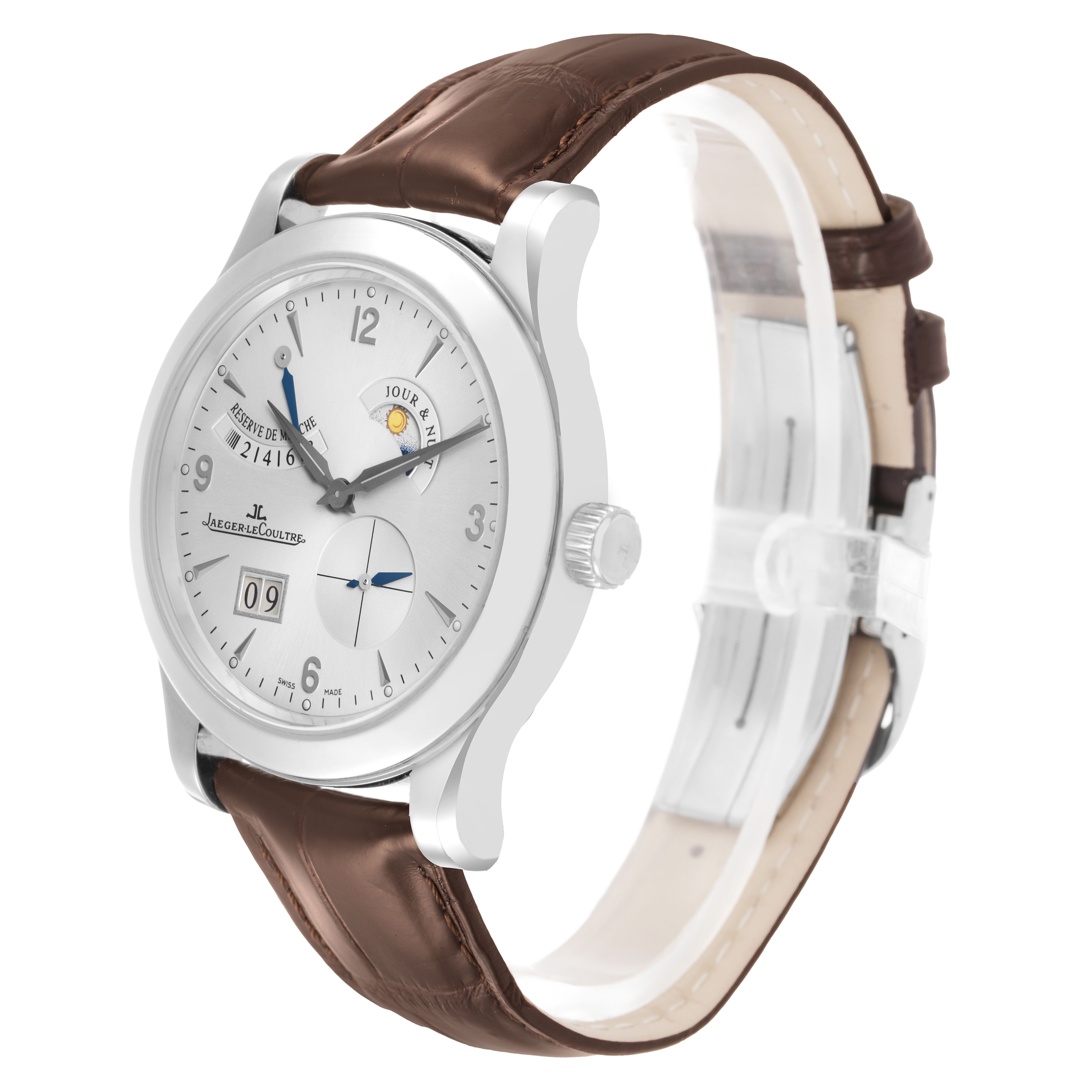 The Jaeger LeCoultre Master Q1608420 Men's Stainless Steel Silver Dial model watch is shown at a side angle, highlighting the dial, crown, and leather strap.