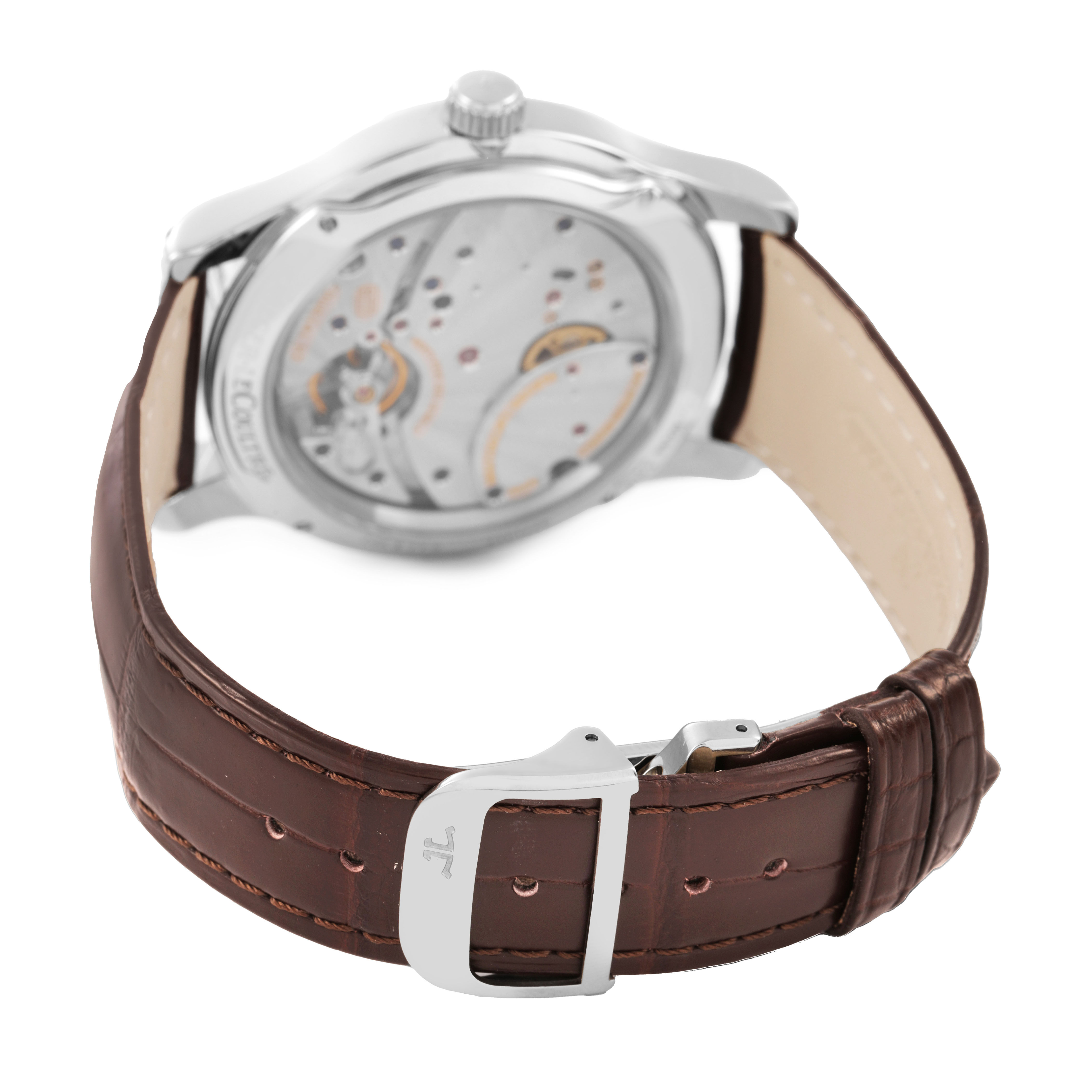 The image shows the back view of a Jaeger LeCoultre Master Q1608420 Men's Stainless Steel Silver Dial watch, featuring its movement and a brown leather strap with a visible buckle.