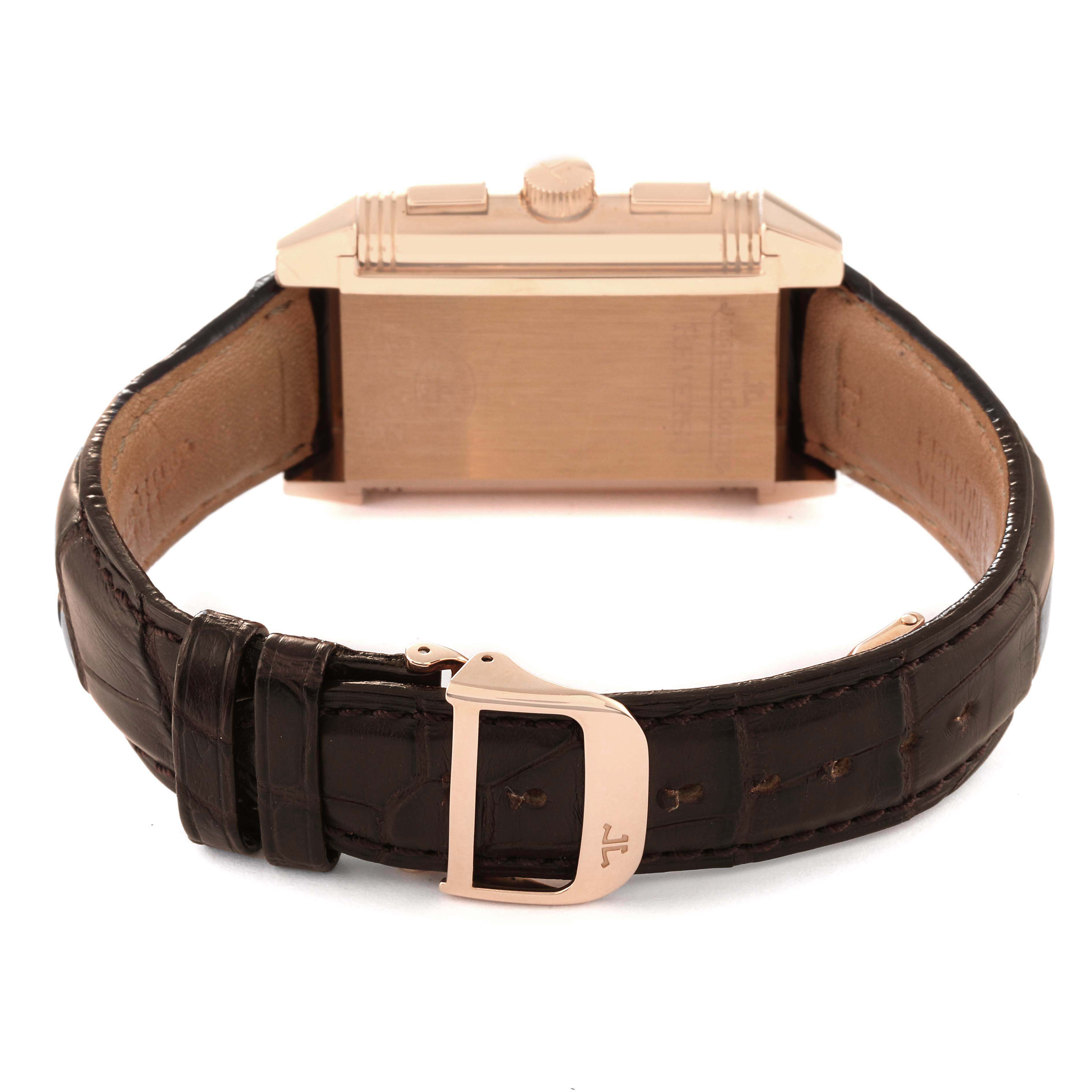 The image shows the back view of a Jaeger LeCoultre Reverso Q3022420 Men's Rose Gold Silver Dial Q3022420 Men's Rose Gold Silver Dial watch, highlighting its strap and clasp.