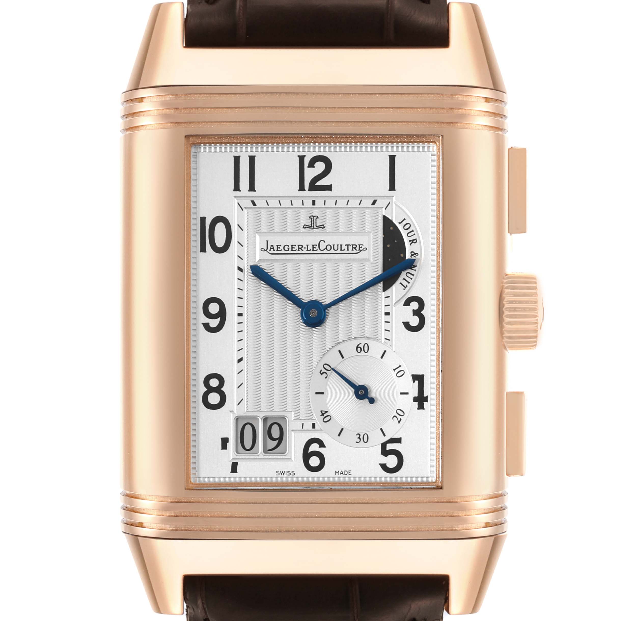 The image shows a front view of the Jaeger LeCoultre Reverso Q3022420 Men's Rose Gold Silver Dial Q3022420 Men's Rose Gold Silver Dial watch, displaying the dial, hands, crown, and part of the strap.