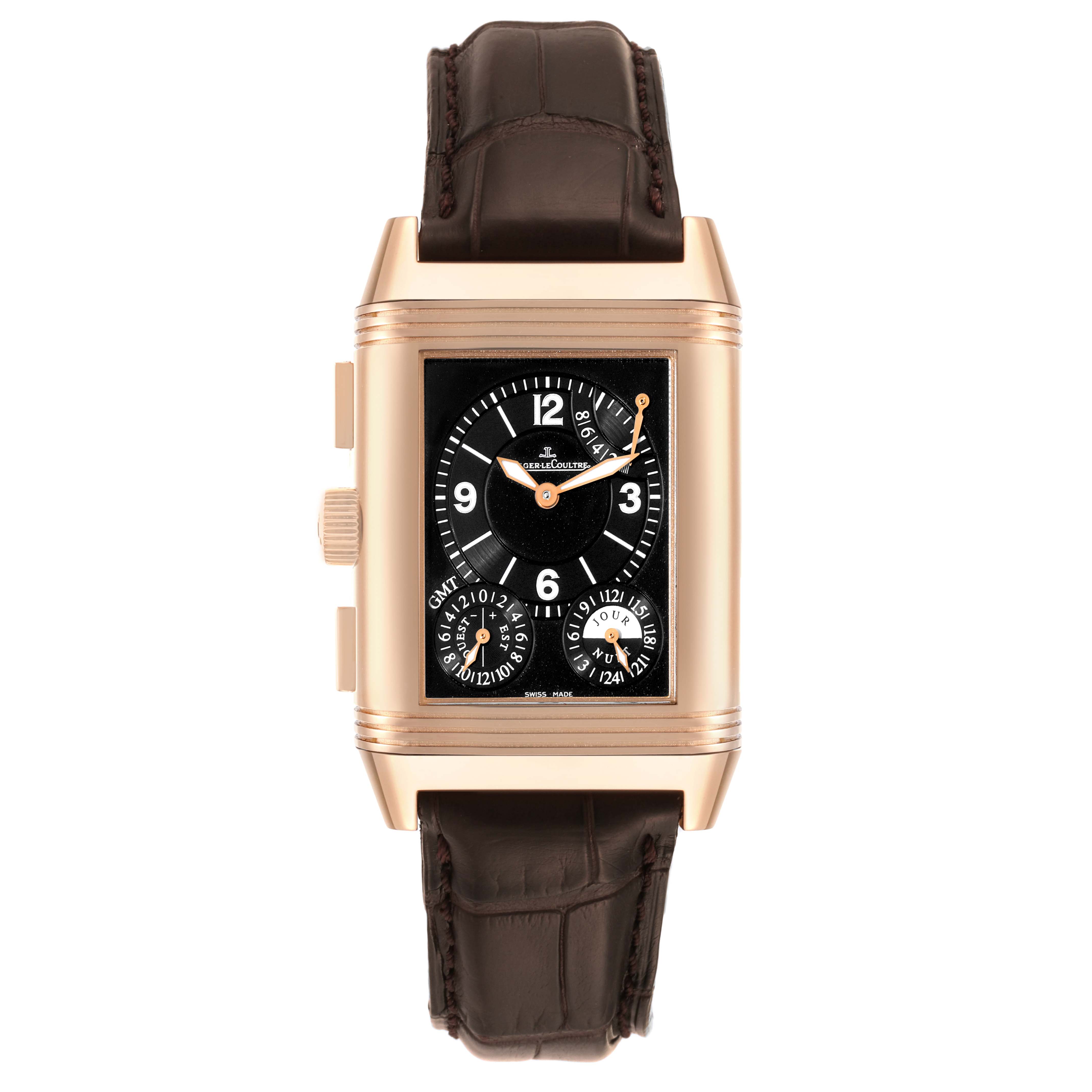 This image shows a front view of a Jaeger-LeCoultre Reverso watch, displaying its face, case, and brown leather strap.