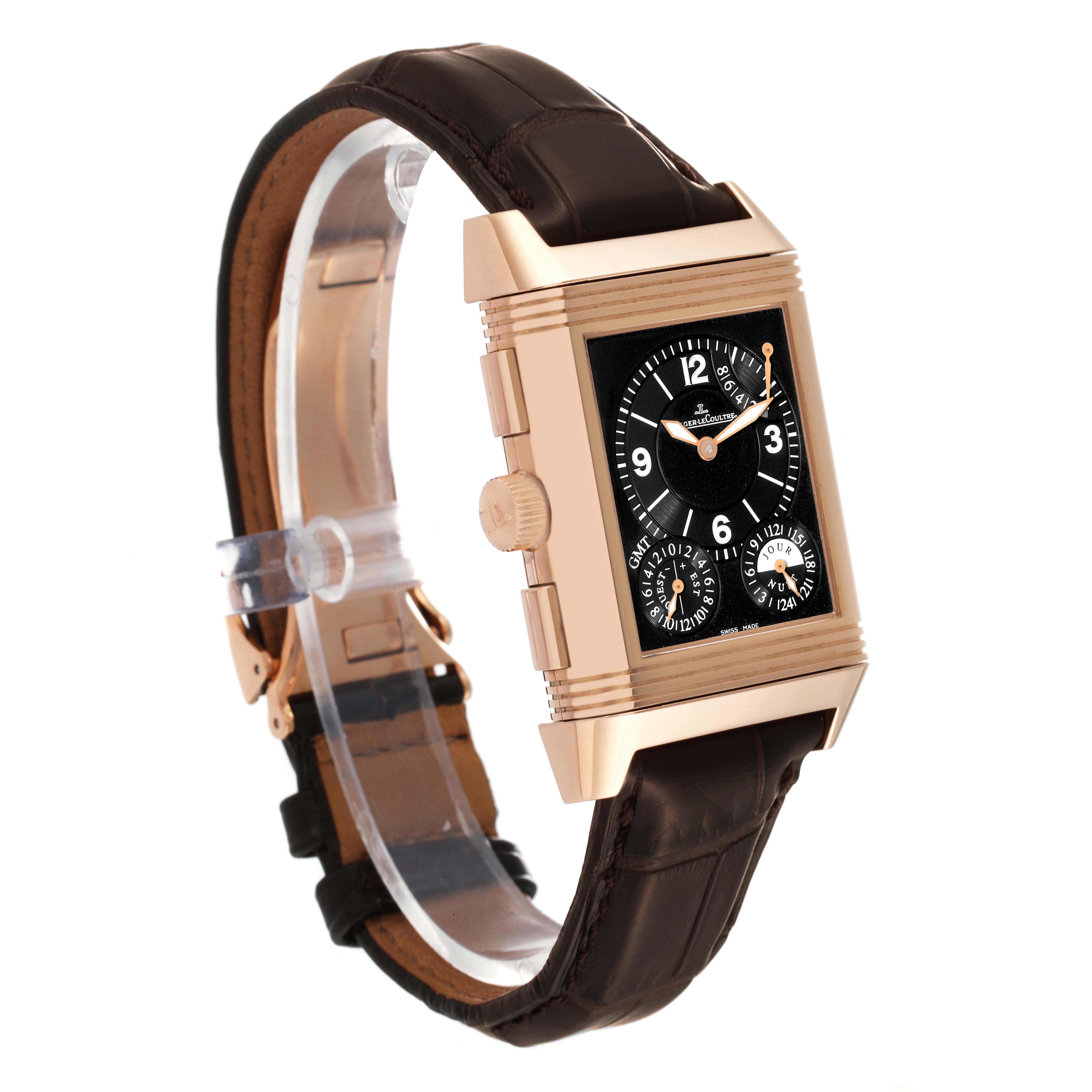 The image shows a Jaeger LeCoultre Reverso Q3022420 Men's Rose Gold Silver Dial Q3022420 Men's Rose Gold Silver Dial watch at a three-quarter angle, highlighting its rectangular face, crown, and leather strap.