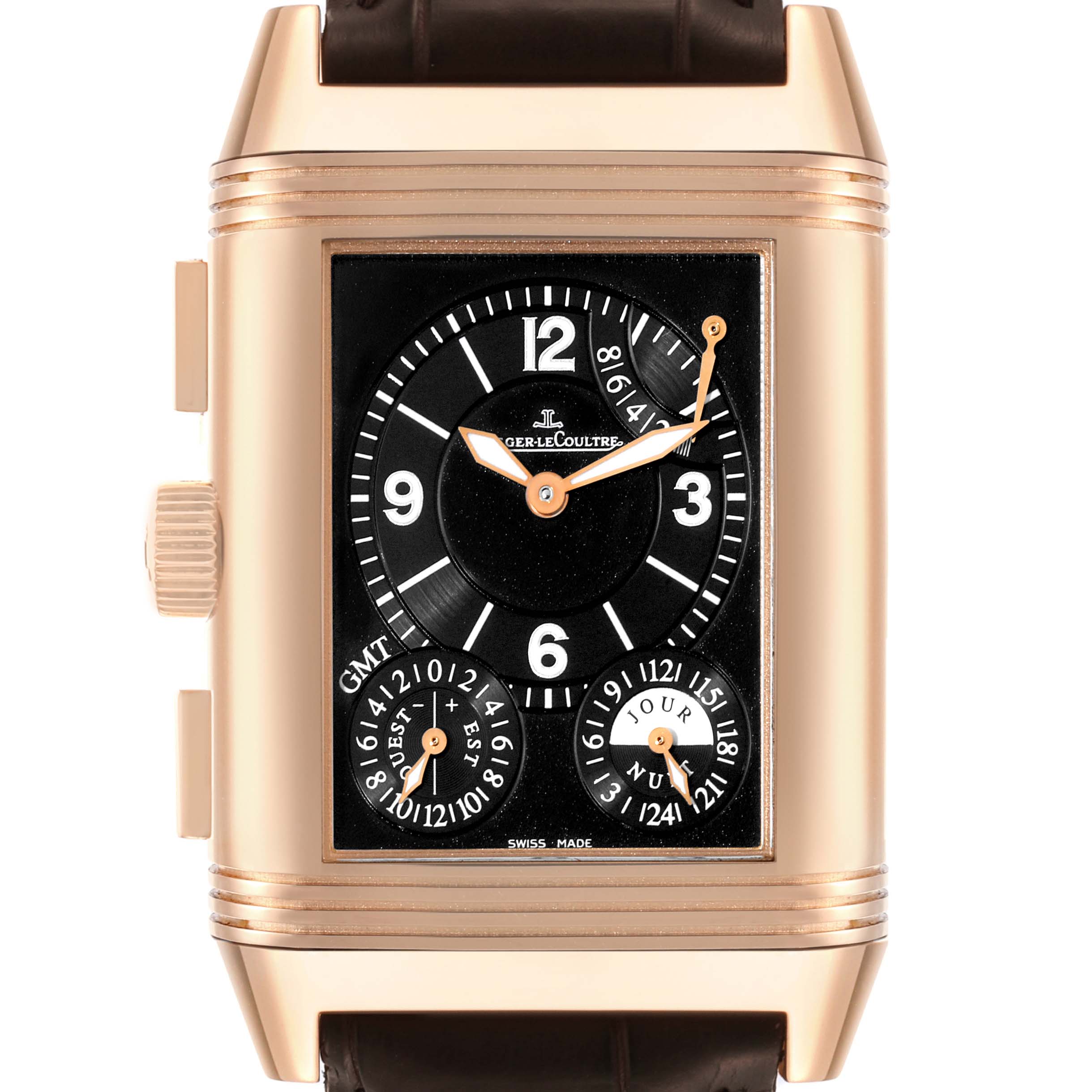 This image shows a front view of the Jaeger LeCoultre Reverso Q3022420 Men's Rose Gold Silver Dial Q3022420 Men's Rose Gold Silver Dial watch, highlighting the dial, hands, crown, and complications.