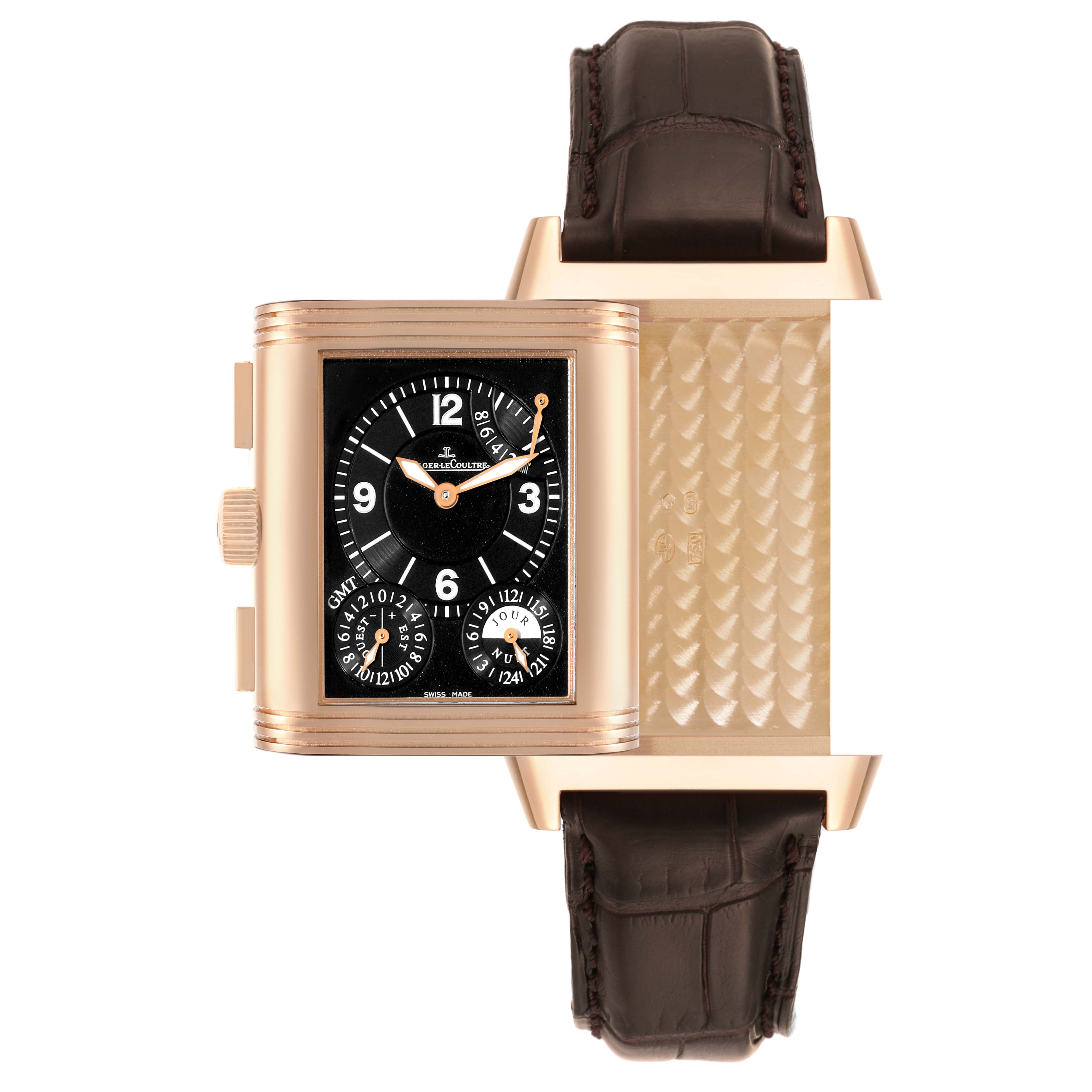 The image shows a Jaeger LeCoultre Reverso Q3022420 Men's Rose Gold Silver Dial Q3022420 Men's Rose Gold Silver Dial watch with the case flipped to reveal the watch back and inner mechanism.