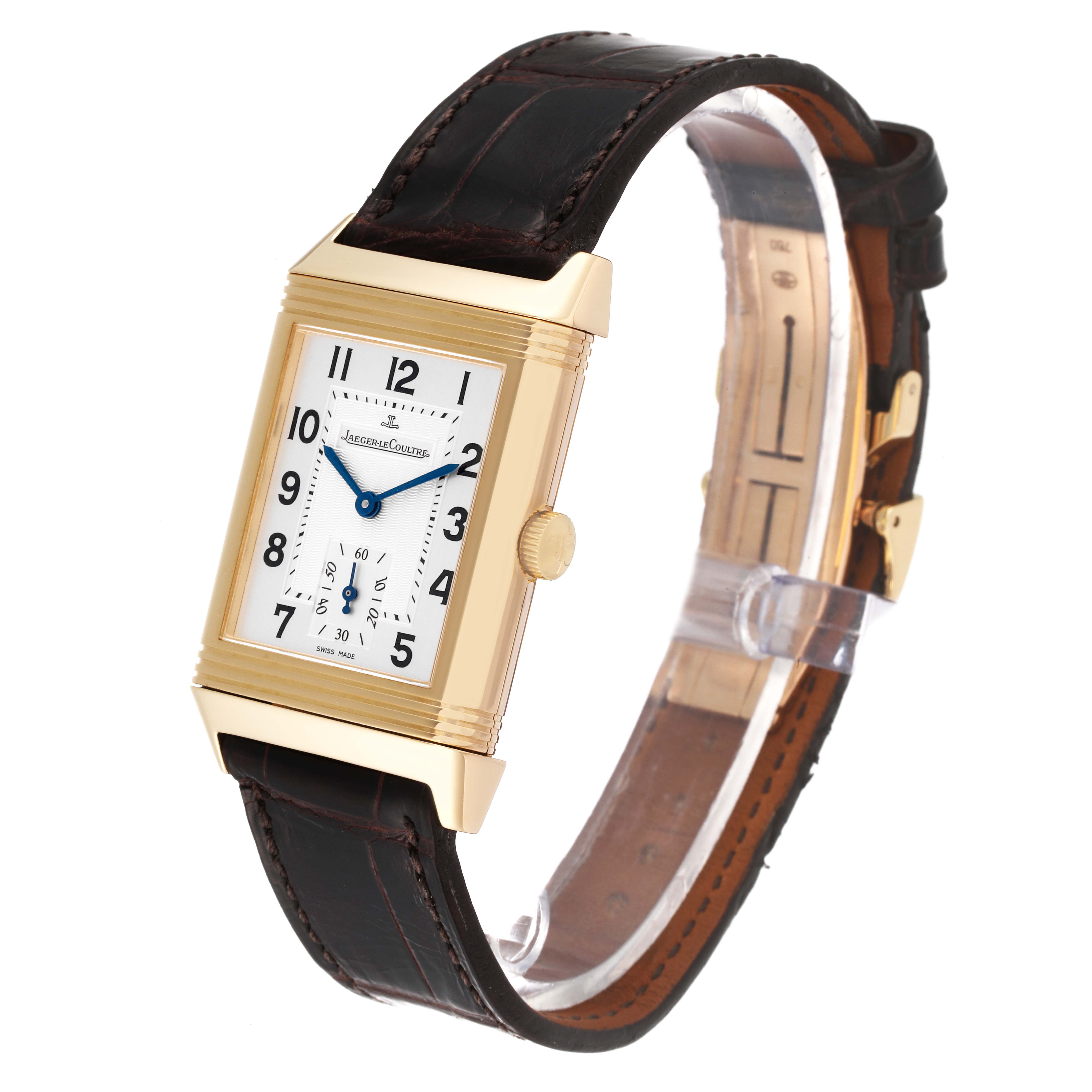 This Jaeger LeCoultre Reverso 270.0.62 Men
s Yellow Gold Silver Dial 270.0.62 Men
s Yellow Gold Silver Dial watch is shown at an angle highlighting its rectangular face, crown, and leather strap.