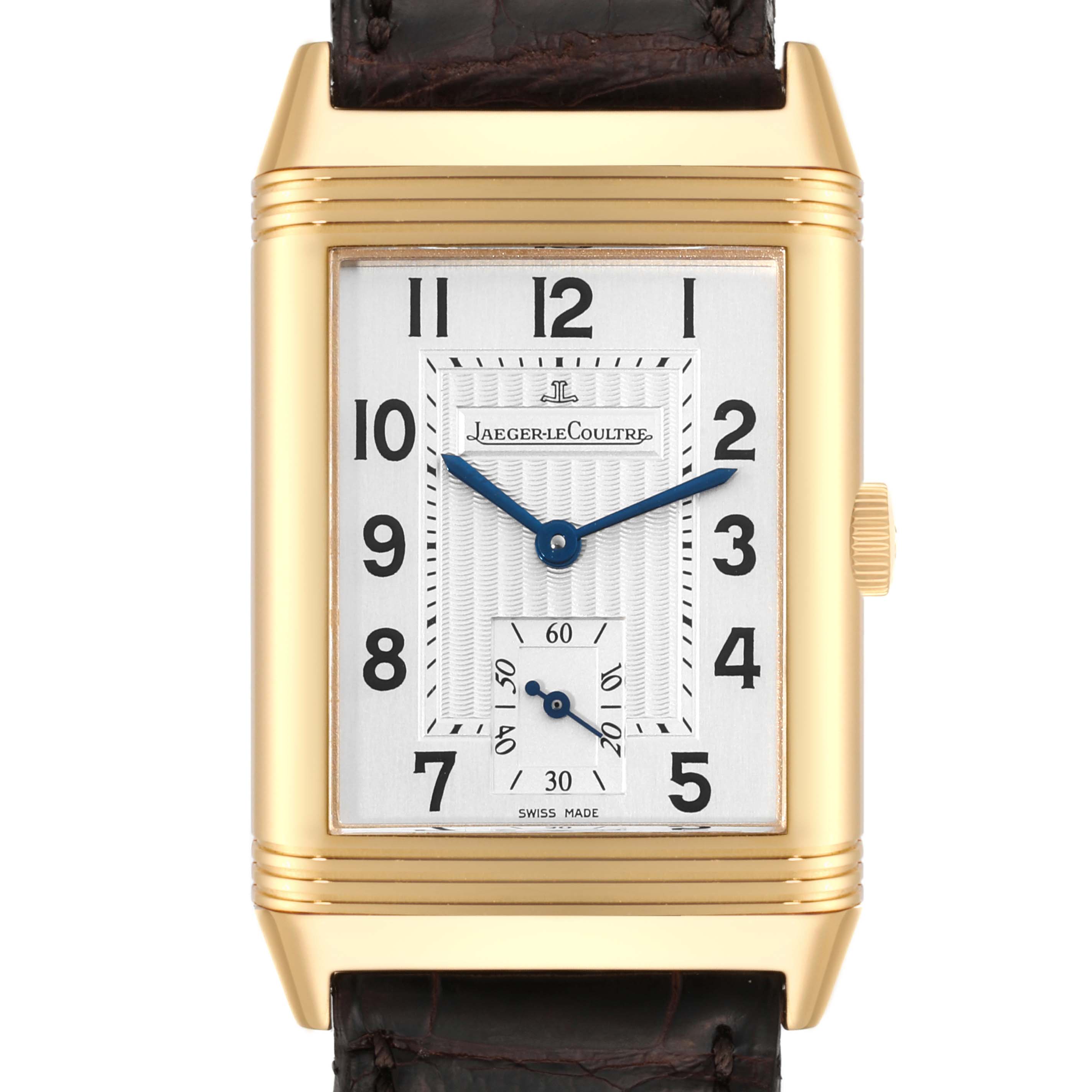 This image shows a front view of the Jaeger-LeCoultre Reverso watch, highlighting its dial, crown, and leather strap.