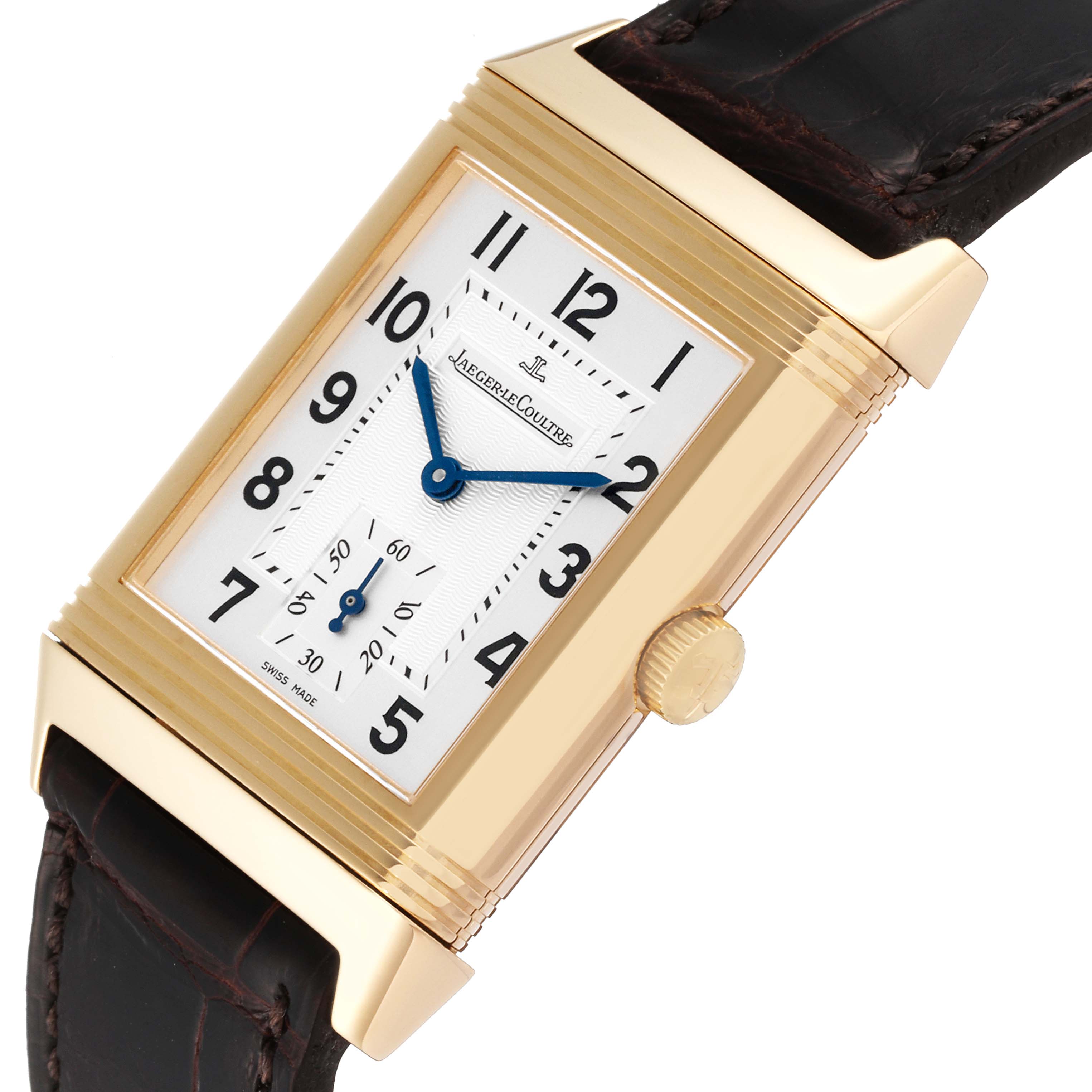 This image shows a close-up view of the Jaeger LeCoultre Reverso 270.0.62 Men
s Yellow Gold Silver Dial 270.0.62 Men
s Yellow Gold Silver Dial watch, highlighting its face, crown, and leather strap.
