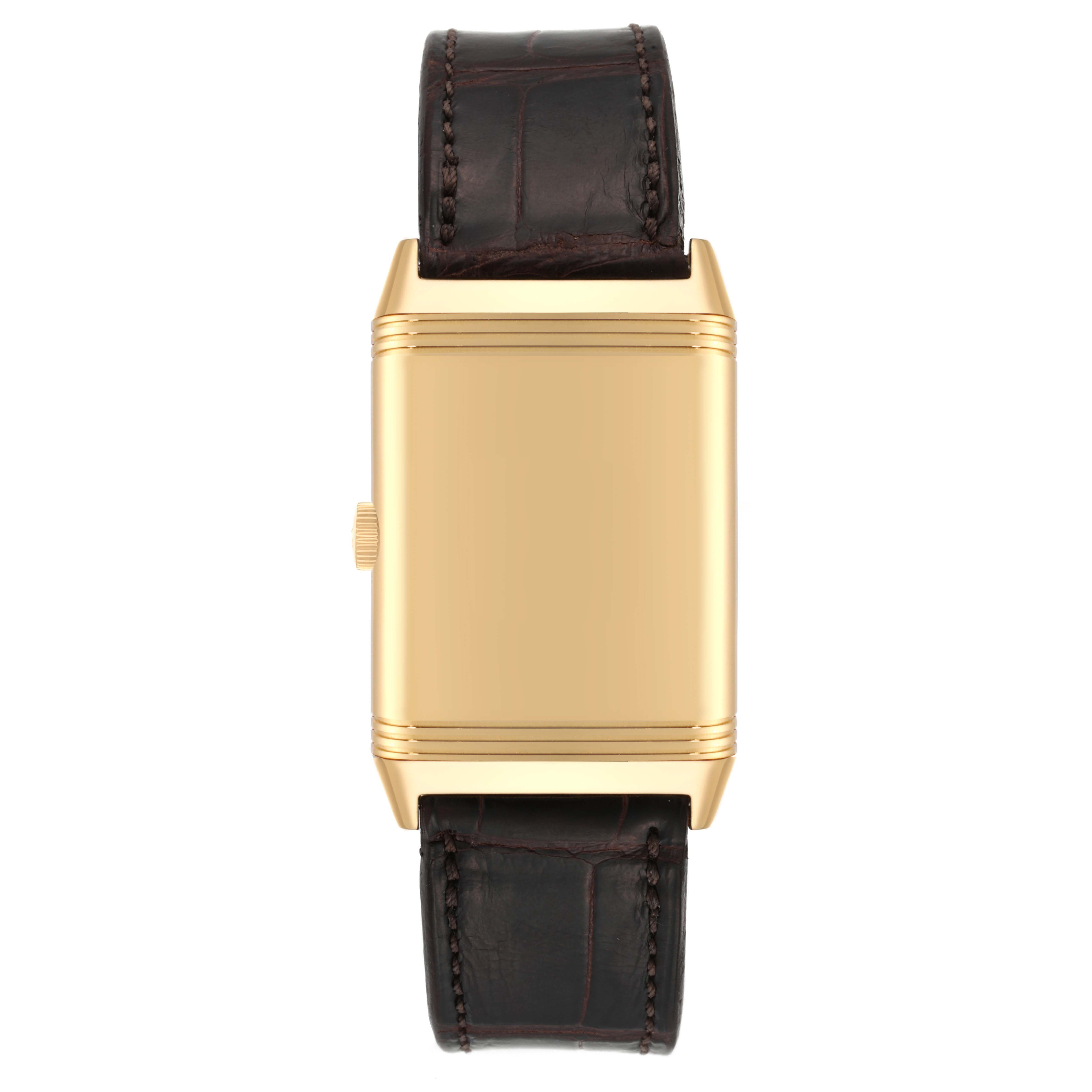 This image shows a front view of a Jaeger LeCoultre Reverso 270.0.62 Men
s Yellow Gold Silver Dial 270.0.62 Men
s Yellow Gold Silver Dial watch highlighting its rectangular case and brown leather strap.