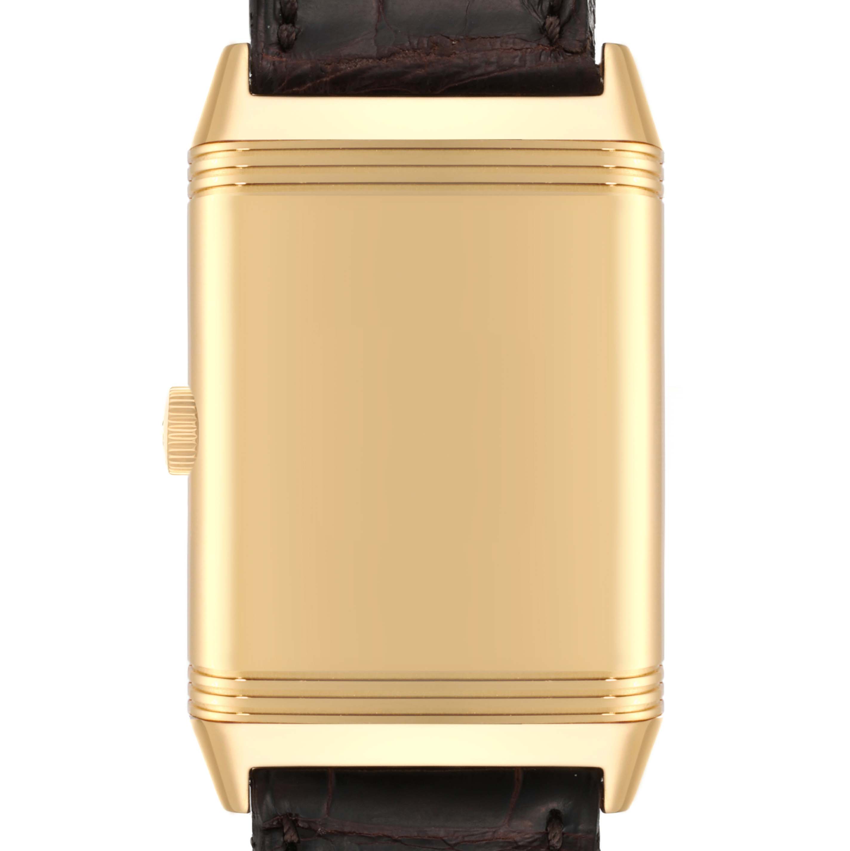 This image shows the front view of a Jaeger-LeCoultre Reverso watch, focusing on its gold case and leather strap.