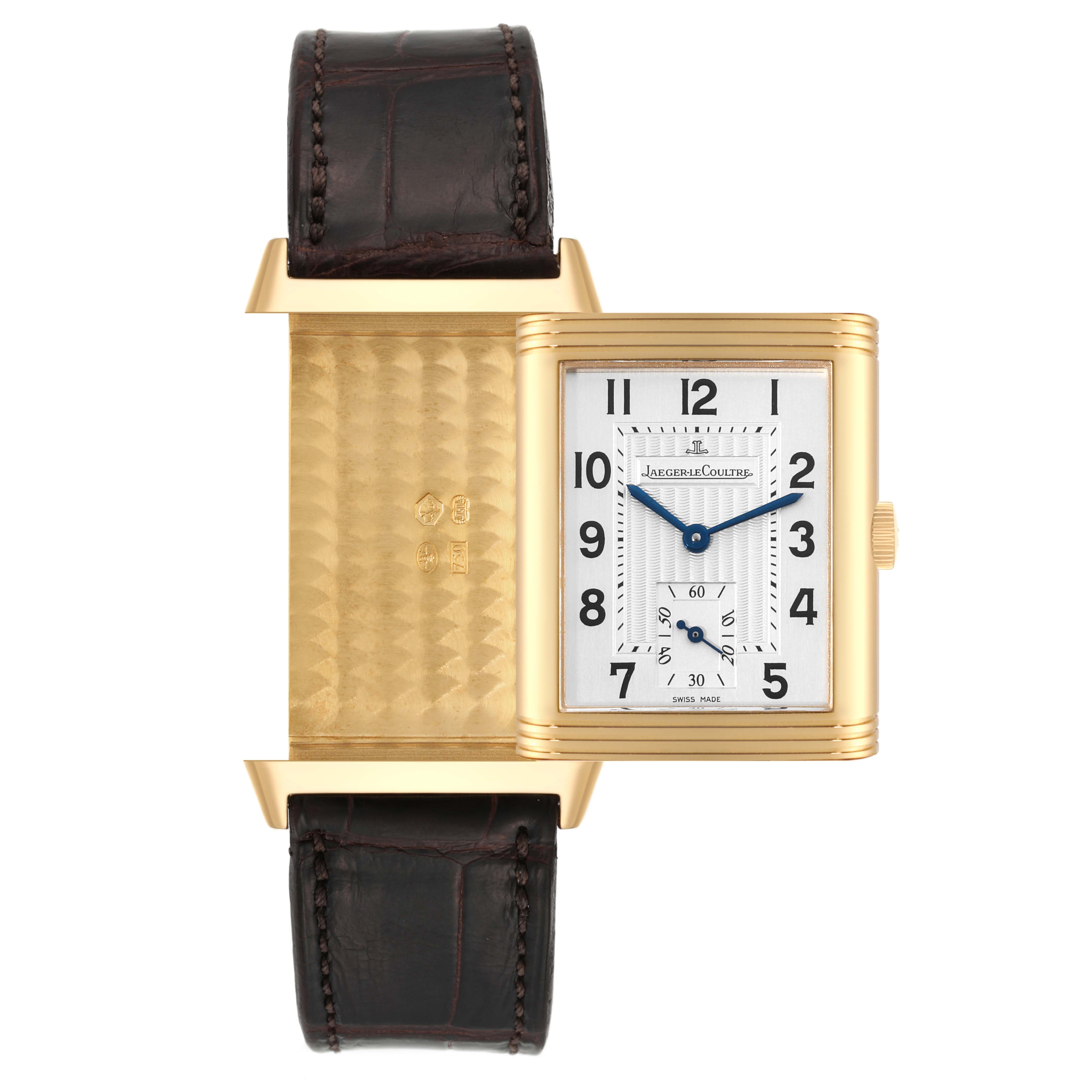 This image shows the face and the reversed case back of a Jaeger LeCoultre Reverso 270.0.62 Men
s Yellow Gold Silver Dial 270.0.62 Men
s Yellow Gold Silver Dial watch, displaying both the dial and gold-patterned reverse.