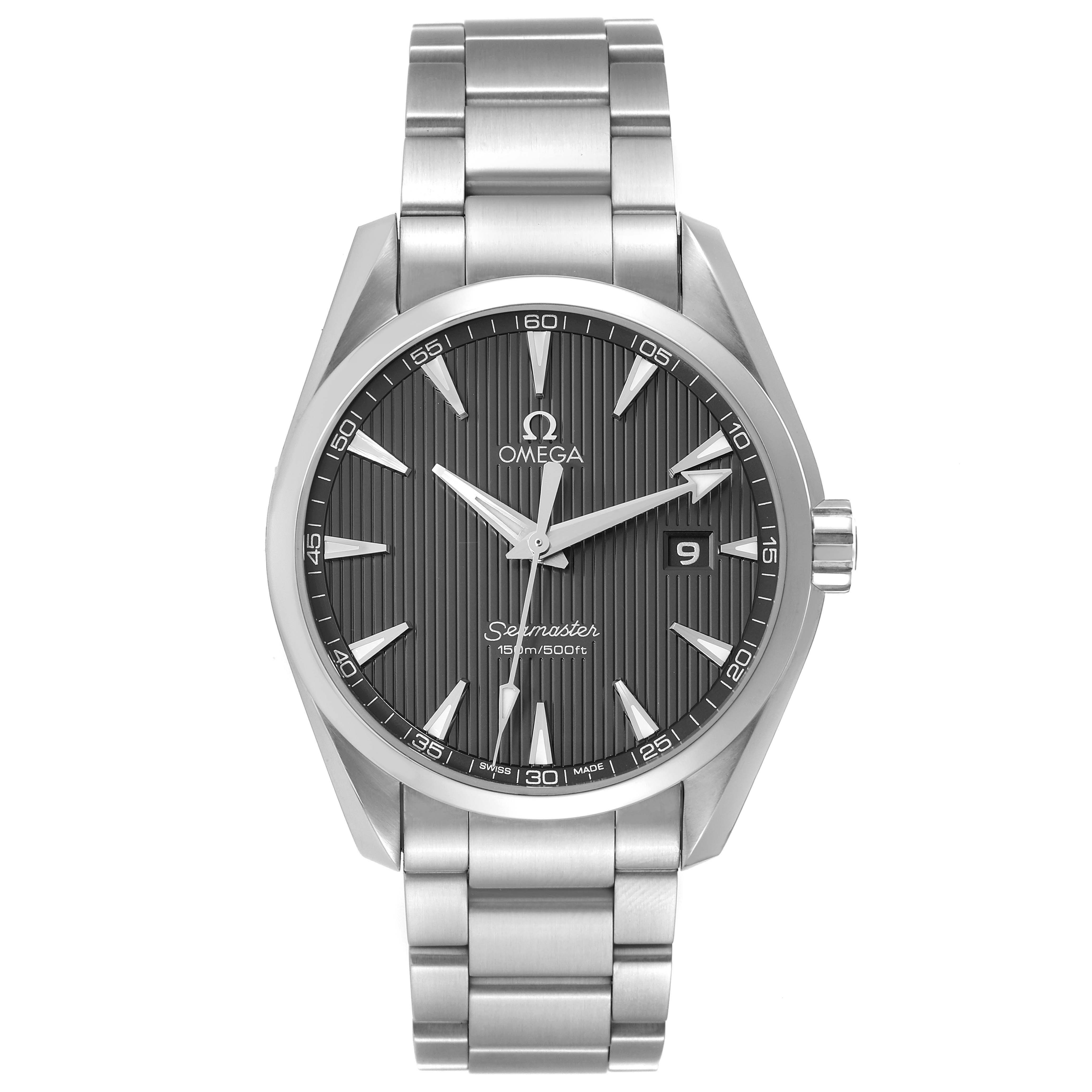The image shows a front view of the Omega Aqua Terra 231.10.39.61.06.001 Men
s Stainless Steel Grey Dial 231.10.39.61.06.001 Men
s Stainless Steel Grey Dial Seamaster watch, displaying the dial, bracelet, and crown.