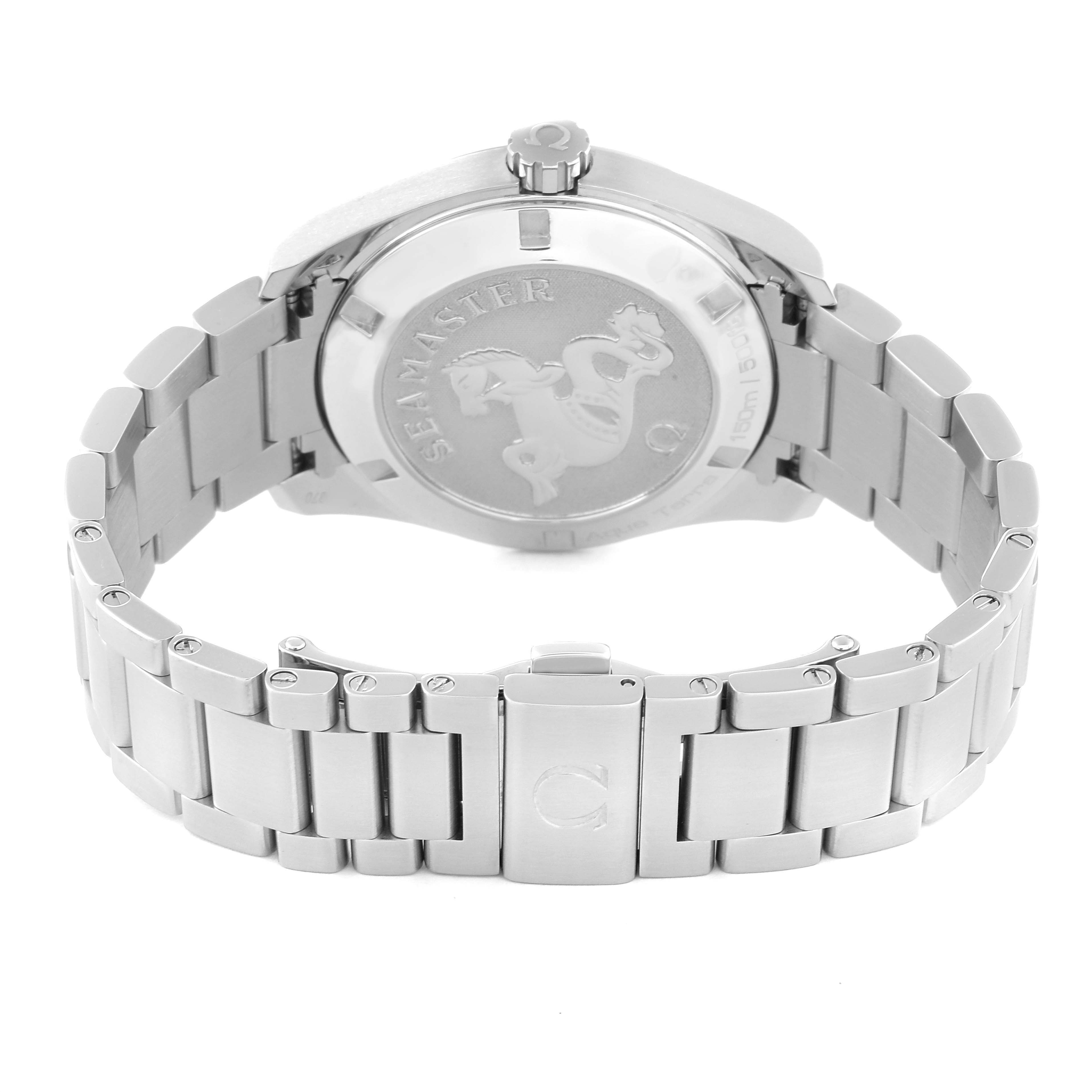 The image shows the back and bracelet of the Omega Aqua Terra 231.10.39.61.06.001 Men
s Stainless Steel Grey Dial 231.10.39.61.06.001 Men
s Stainless Steel Grey Dial watch, highlighting the case back engraving.