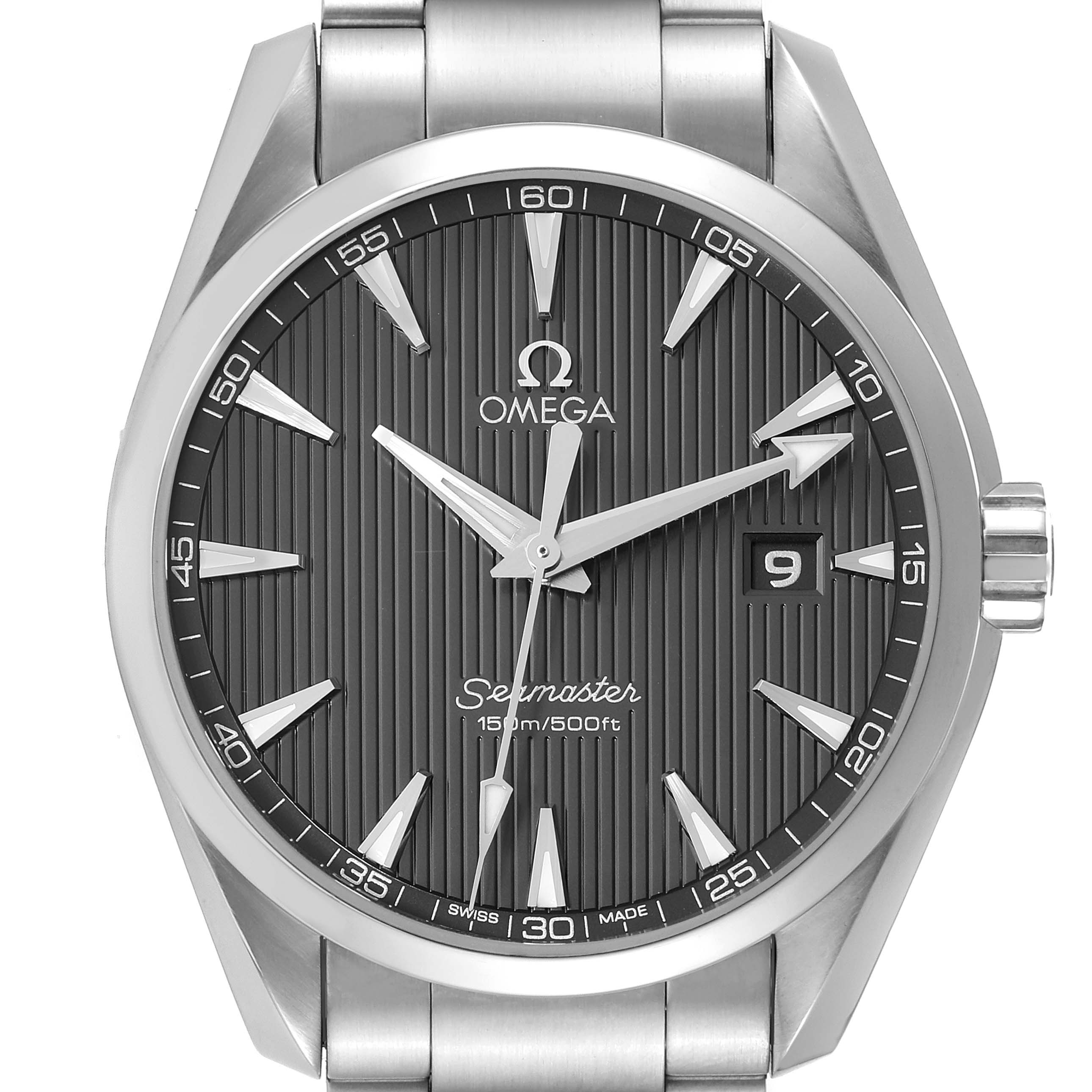 This image shows a frontal view of the Omega Aqua Terra 231.10.39.61.06.001 Men
s Stainless Steel Grey Dial 231.10.39.61.06.001 Men
s Stainless Steel Grey Dial Seamaster watch, highlighting the dial, hands, crown, and date window.