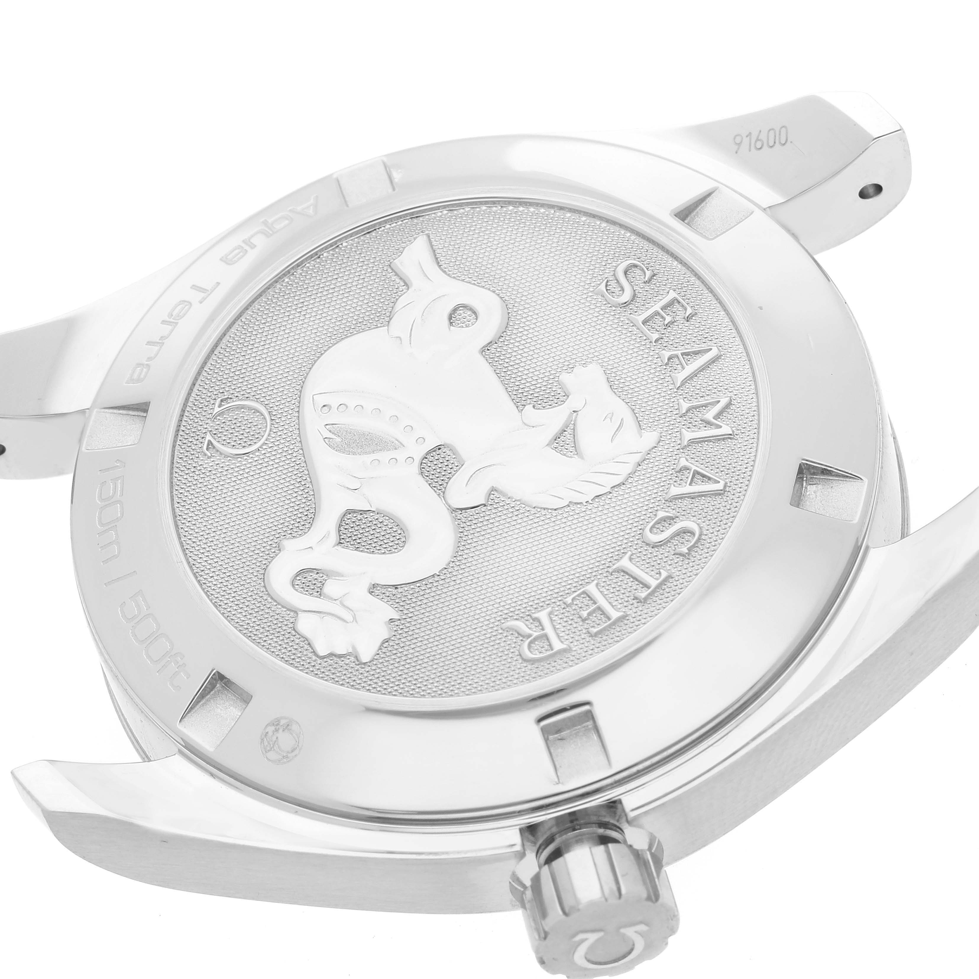 The image shows the back case of an Omega Aqua Terra 231.10.39.61.06.001 Men
s Stainless Steel Grey Dial 231.10.39.61.06.001 Men
s Stainless Steel Grey Dial watch, featuring the Seamaster logo and crown at an angled view.