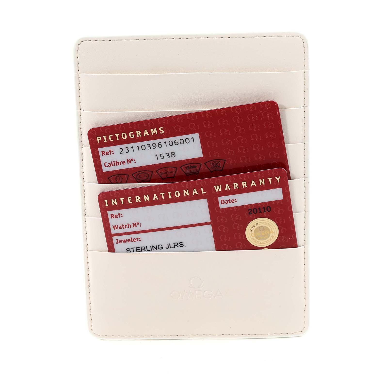 The image shows the warranty cards and holder for an Omega Aqua Terra 231.10.39.61.06.001 Men
s Stainless Steel Grey Dial 231.10.39.61.06.001 Men
s Stainless Steel Grey Dial model, viewed from the front.