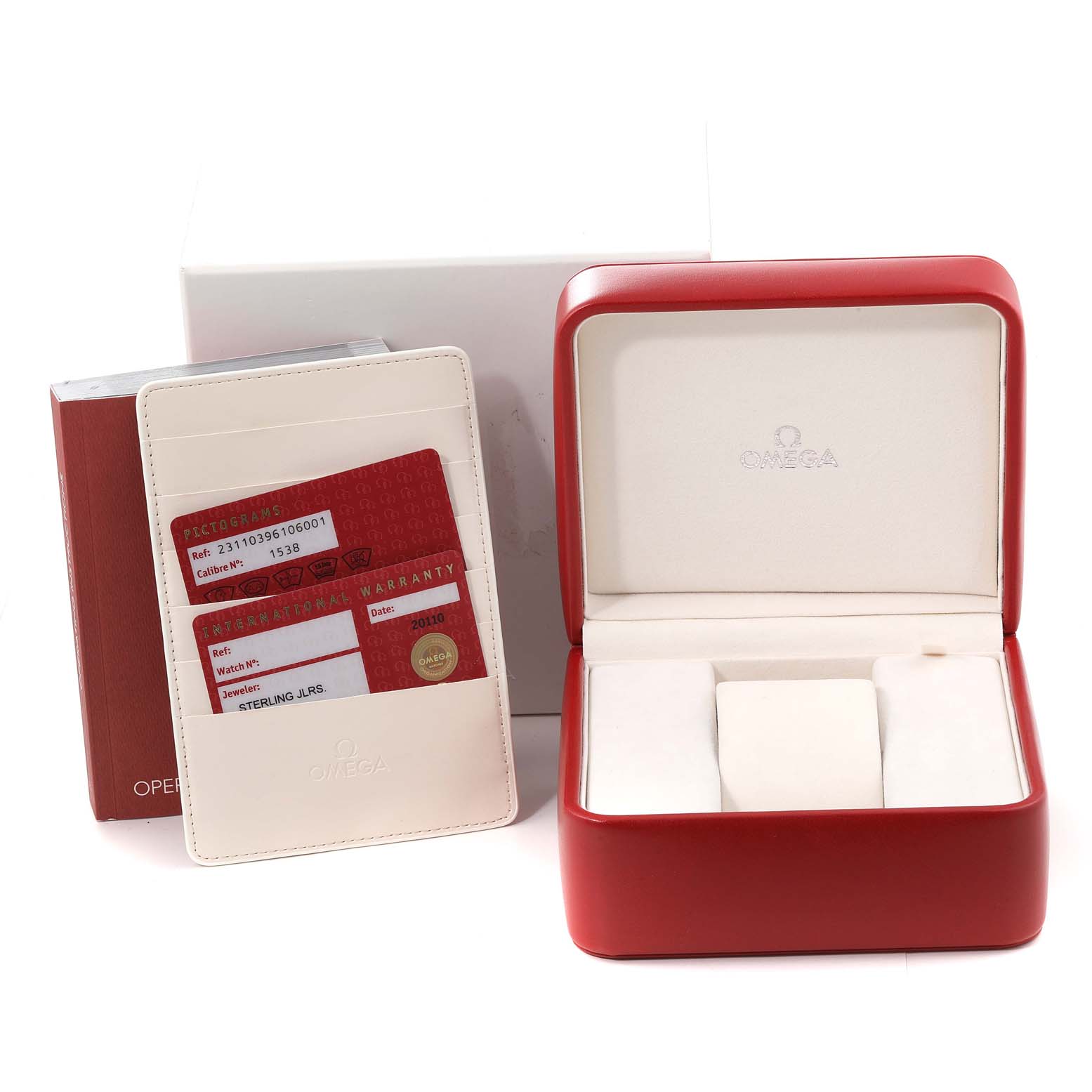 The image shows the packaging, warranty cards, and watch box for the Omega Aqua Terra 231.10.39.61.06.001 Men
s Stainless Steel Grey Dial 231.10.39.61.06.001 Men
s Stainless Steel Grey Dial model.