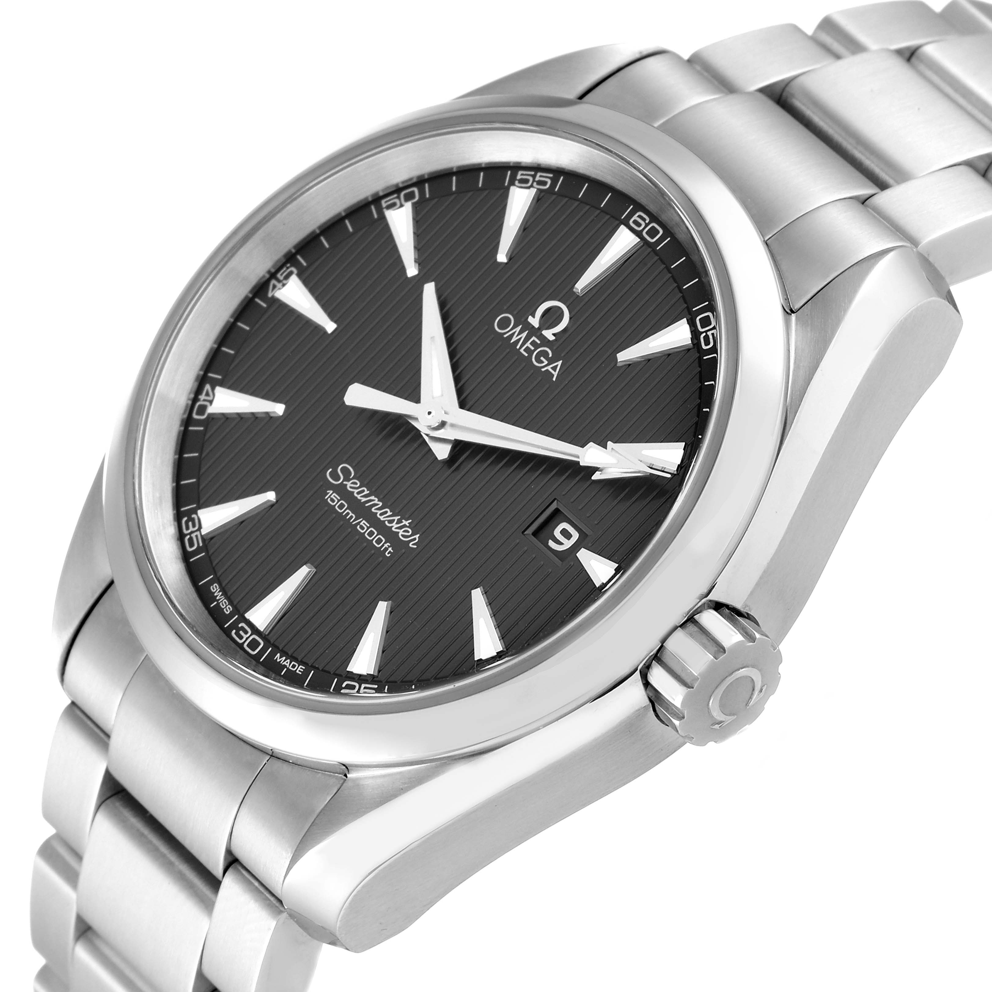 The image shows a tilted side view of the Omega Aqua Terra 231.10.39.61.06.001 Men
s Stainless Steel Grey Dial 231.10.39.61.06.001 Men
s Stainless Steel Grey Dial watch, displaying the dial, bezel, case, bracelet, and crown.