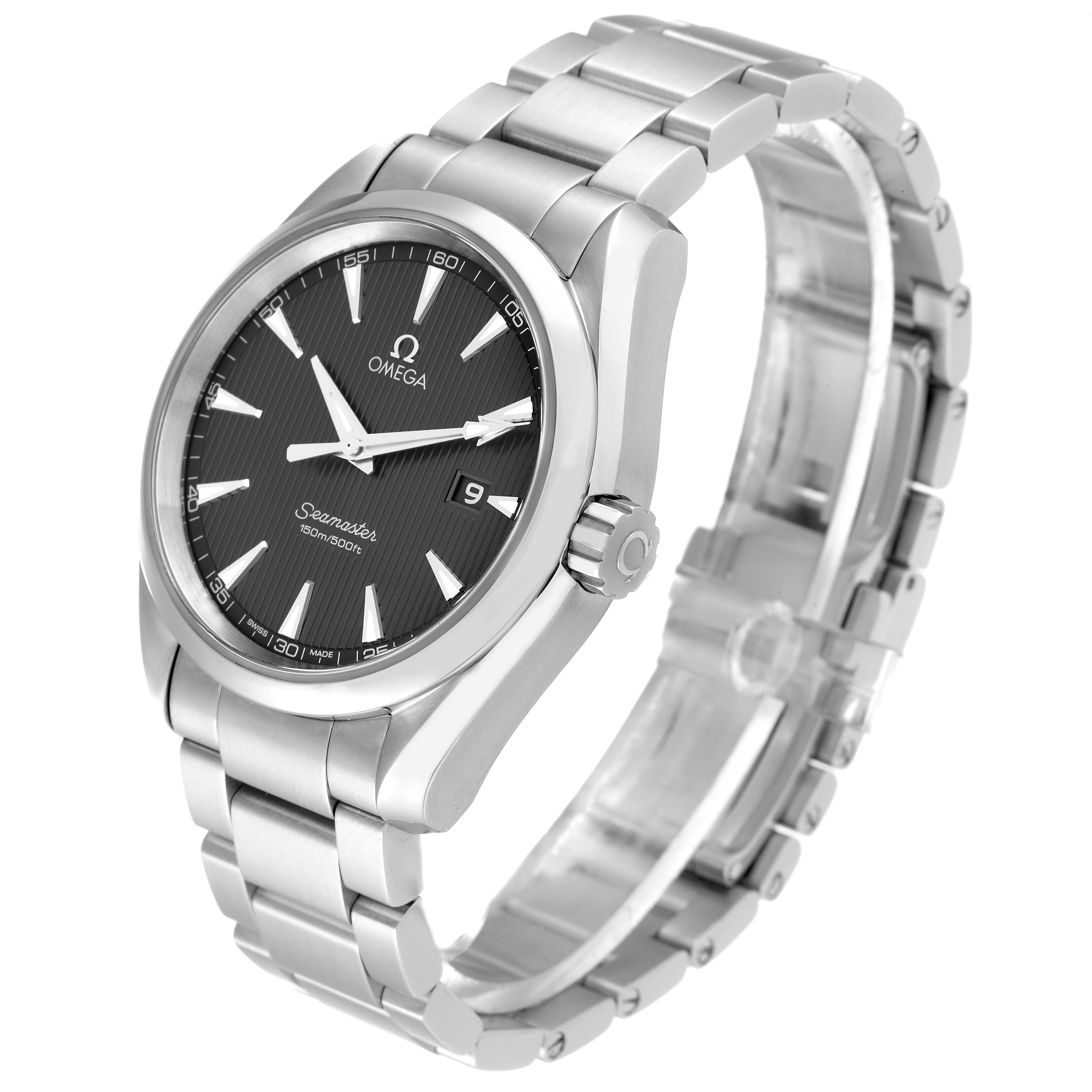 The Omega Aqua Terra 231.10.39.61.06.001 Men
s Stainless Steel Grey Dial 231.10.39.61.06.001 Men
s Stainless Steel Grey Dial model is shown at a 3/4 angle, featuring its face, bezel, crown, and stainless steel bracelet.