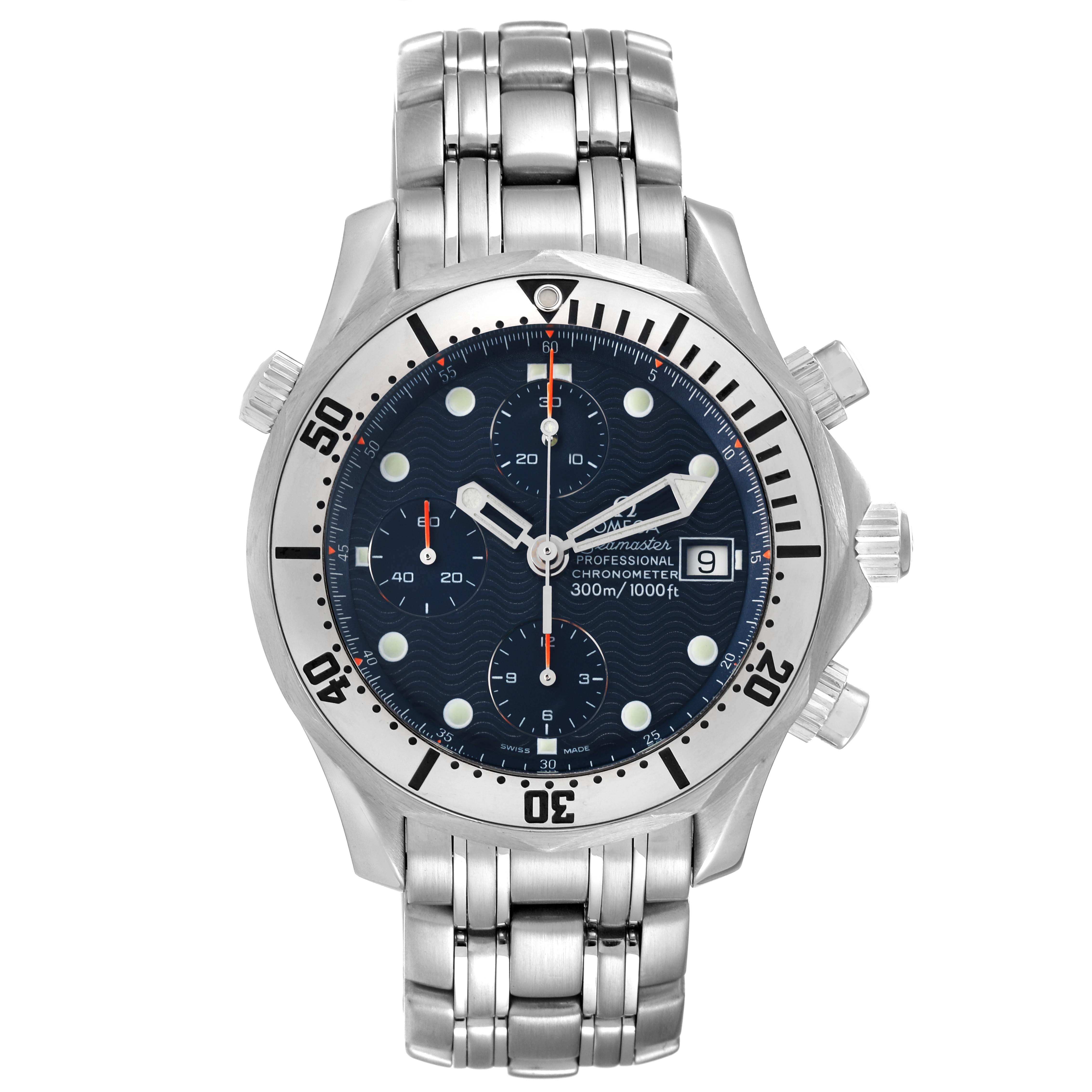 The image shows a front view of an Omega Seamaster 2598.80.00 Men's Stainless Steel Blue Dial 2598.80.00 Men's Stainless Steel Blue Dial watch, displaying its dial, bezel, and stainless steel bracelet.