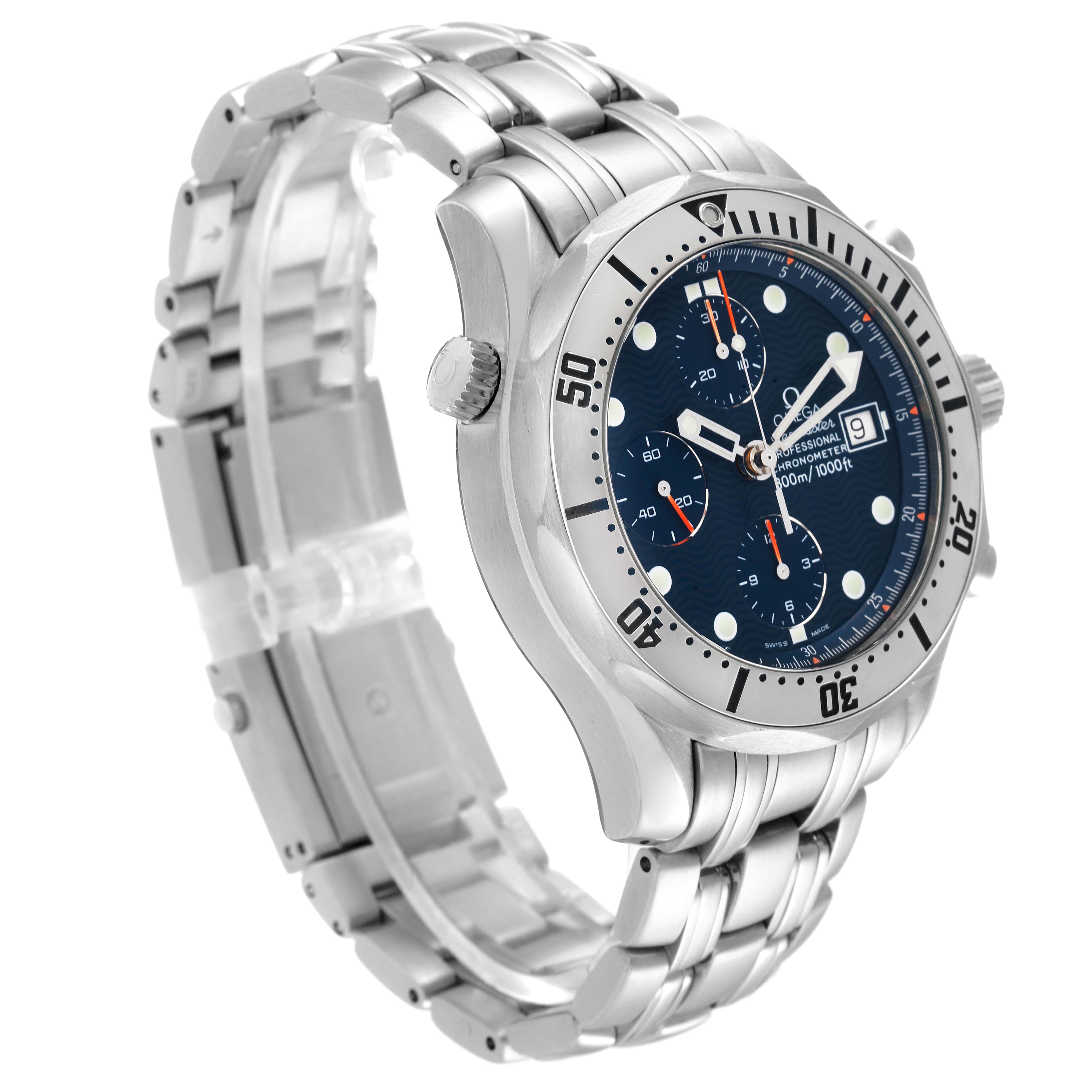 The image shows a side angle of an Omega Seamaster 2598.80.00 Men's Stainless Steel Blue Dial 2598.80.00 Men's Stainless Steel Blue Dial watch featuring its strap, bezel, crown, and tachymeter.