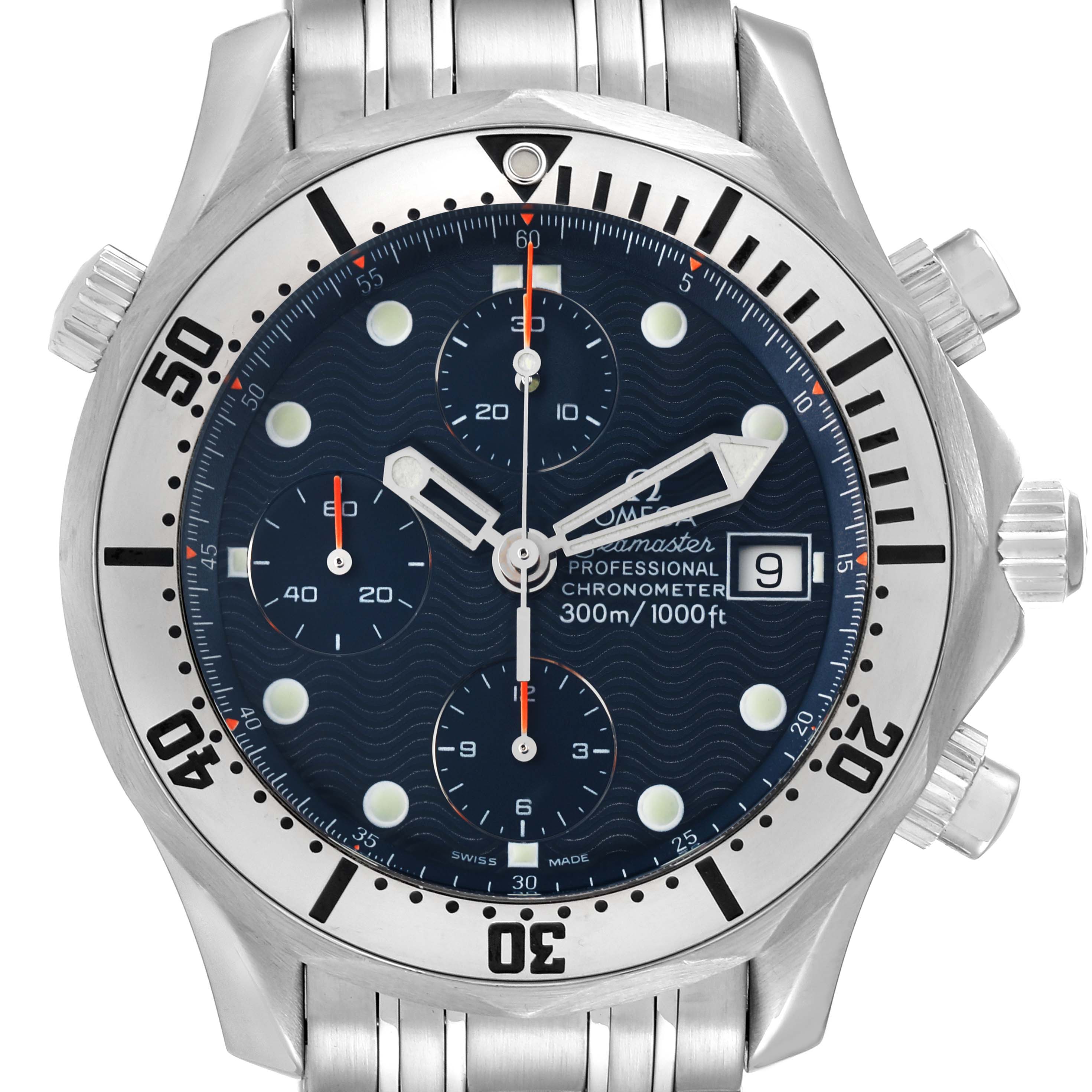 The image shows a front view of the Omega Seamaster 2598.80.00 Men's Stainless Steel Blue Dial 2598.80.00 Men's Stainless Steel Blue Dial watch, featuring its dial, bezel, crown, chronograph subdials, and date window.