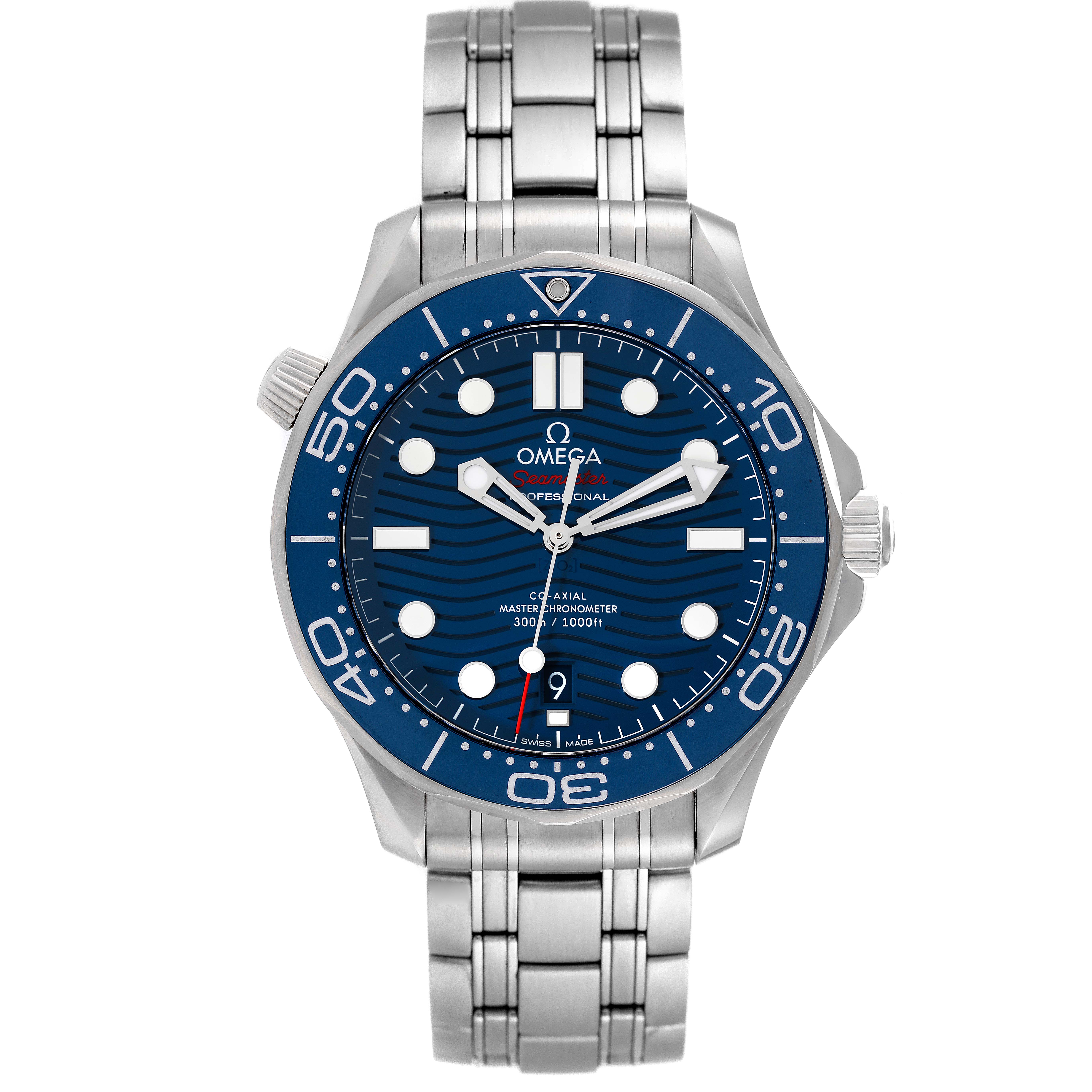The image shows a front view of the Omega Seamaster 210.30.42.20.03.001 Men's Stainless Steel Blue Dial 210.30.42.20.03.001 Men's Stainless Steel Blue Dial watch, including its face, bezel, and metal bracelet.