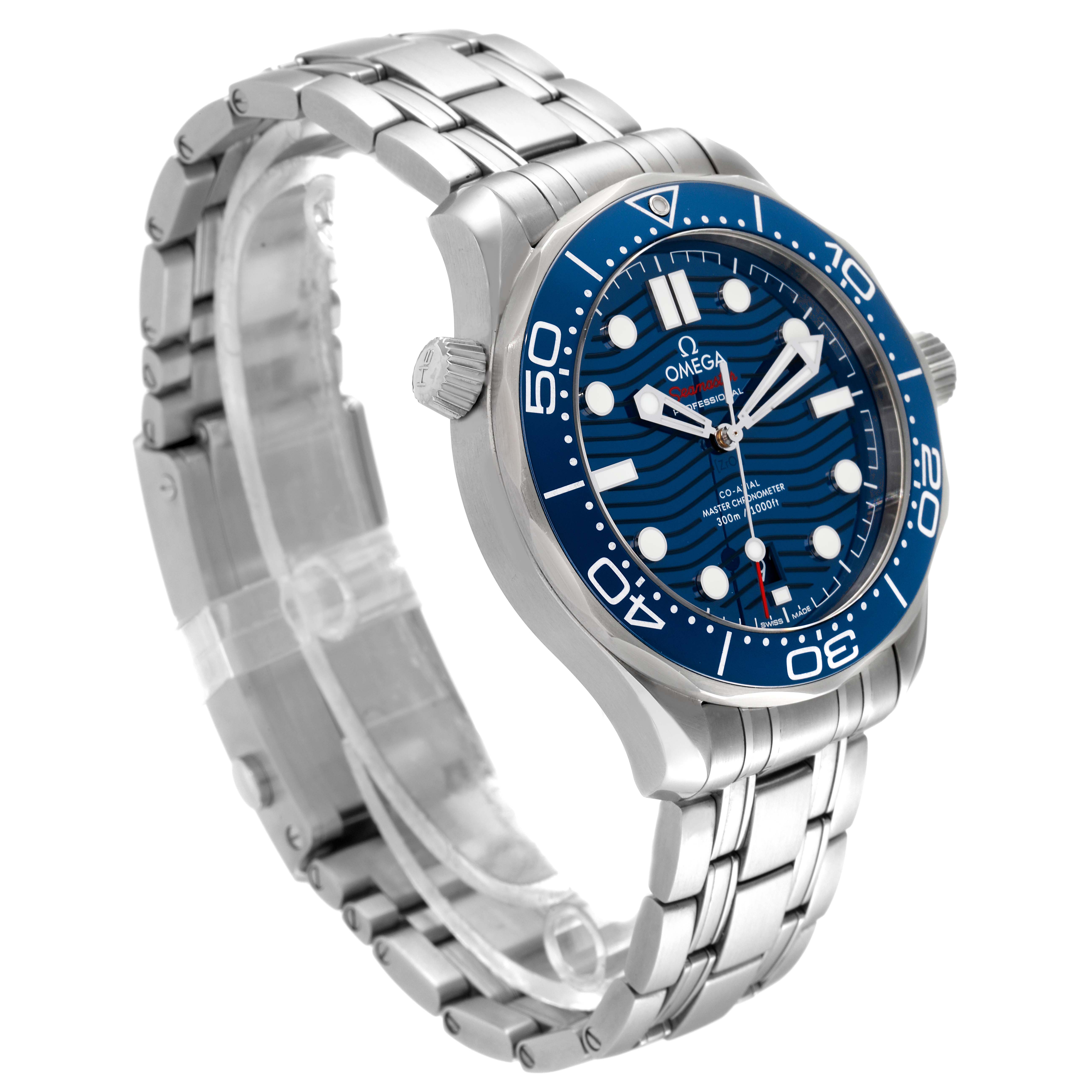 The image shows an Omega Seamaster 210.30.42.20.03.001 Men's Stainless Steel Blue Dial 210.30.42.20.03.001 Men's Stainless Steel Blue Dial watch at a 3/4 angle, displaying its blue face and stainless steel bracelet.