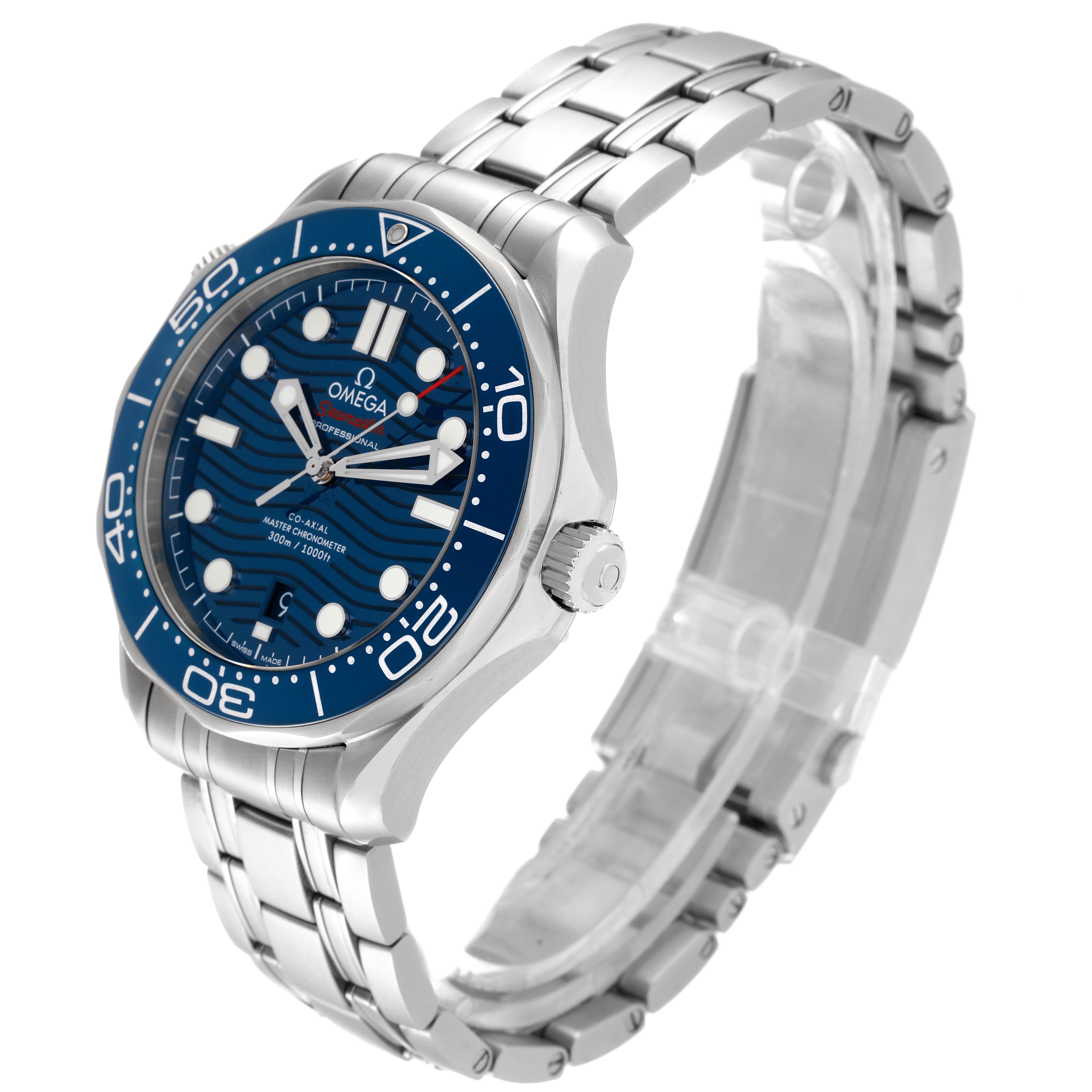 The image shows an Omega Seamaster 210.30.42.20.03.001 Men's Stainless Steel Blue Dial 210.30.42.20.03.001 Men's Stainless Steel Blue Dial watch at a three-quarter angle, highlighting the face, bezel, crown, and strap.