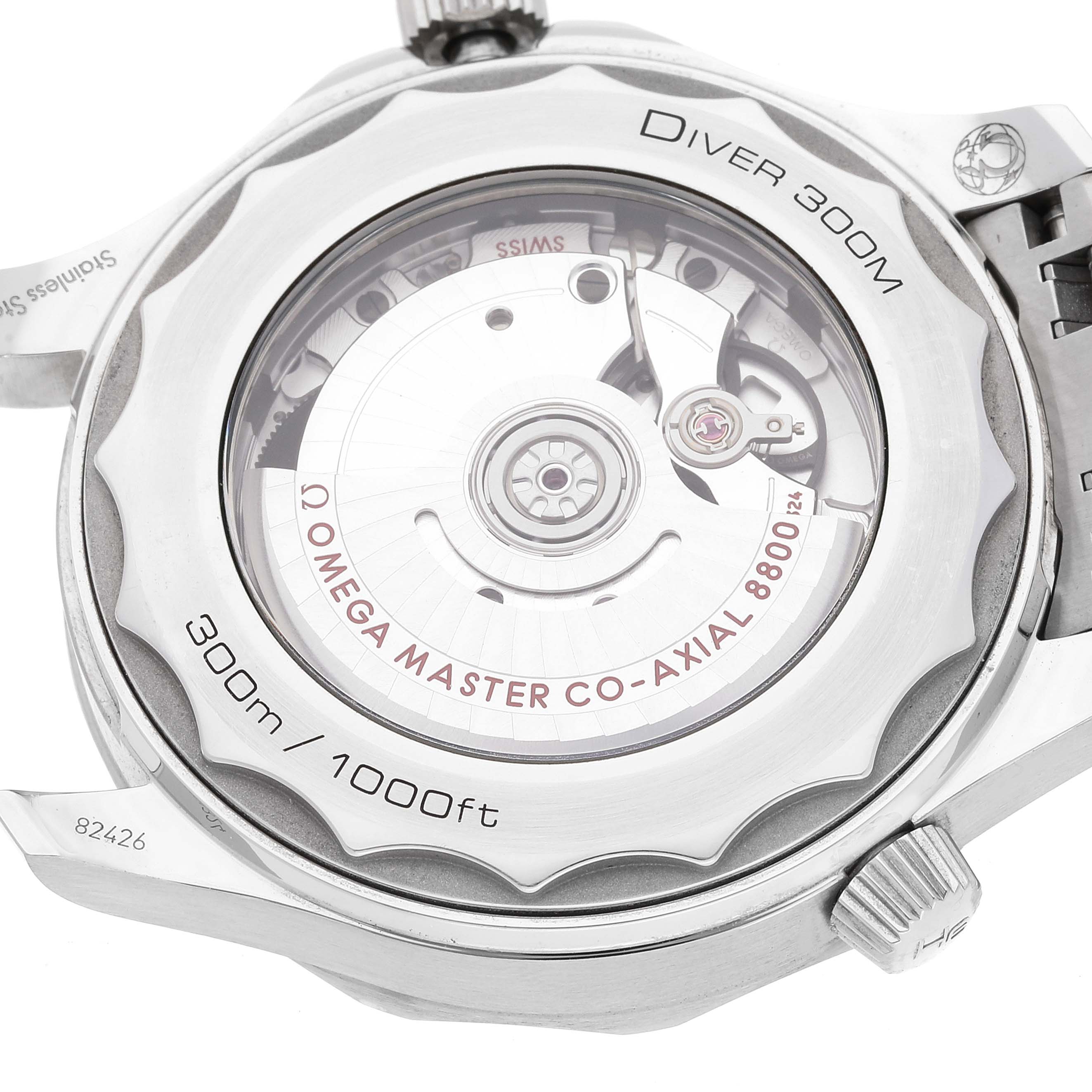 This image shows the back of an Omega Seamaster 210.30.42.20.03.001 Men's Stainless Steel Blue Dial 210.30.42.20.03.001 Men's Stainless Steel Blue Dial Diver 300M, highlighting the movement and specifications.