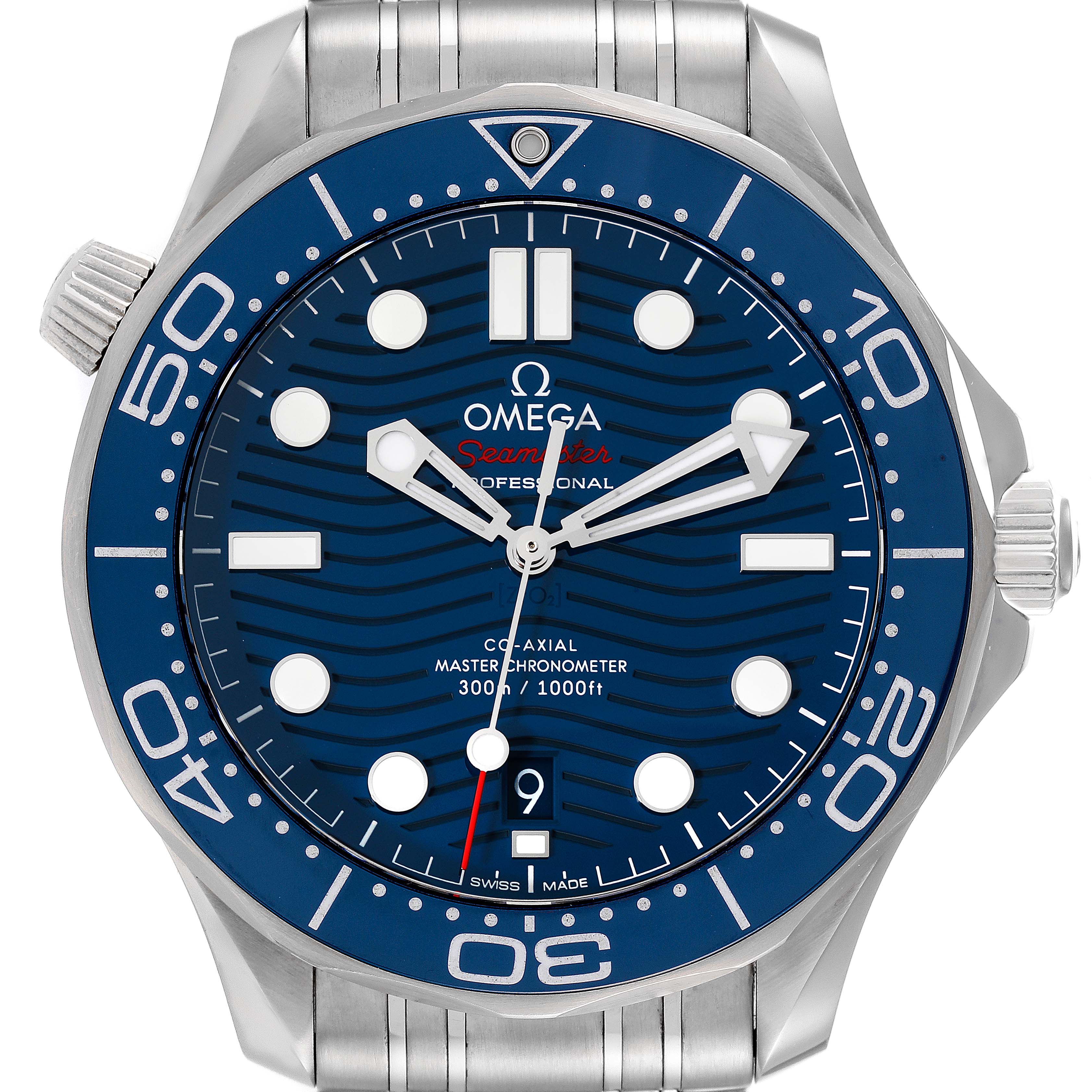 The image shows a front view of the Omega Seamaster 210.30.42.20.03.001 Men's Stainless Steel Blue Dial 210.30.42.20.03.001 Men's Stainless Steel Blue Dial watch, highlighting its blue dial, bezel, and stainless steel bracelet.