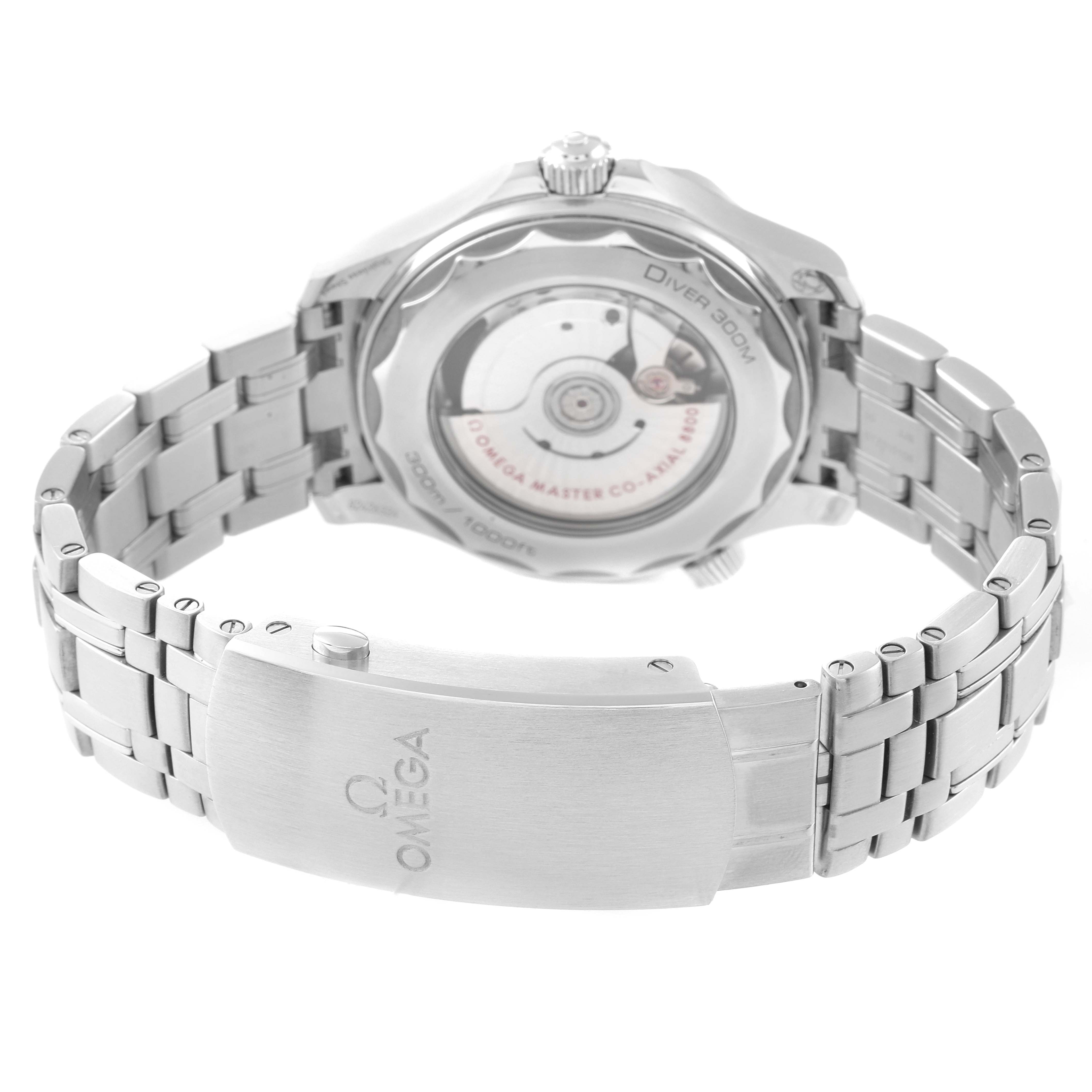 The image shows the back view of an Omega Seamaster 210.30.42.20.03.001 Men's Stainless Steel Blue Dial 210.30.42.20.03.001 Men's Stainless Steel Blue Dial watch, highlighting its bracelet, clasp, and open caseback.