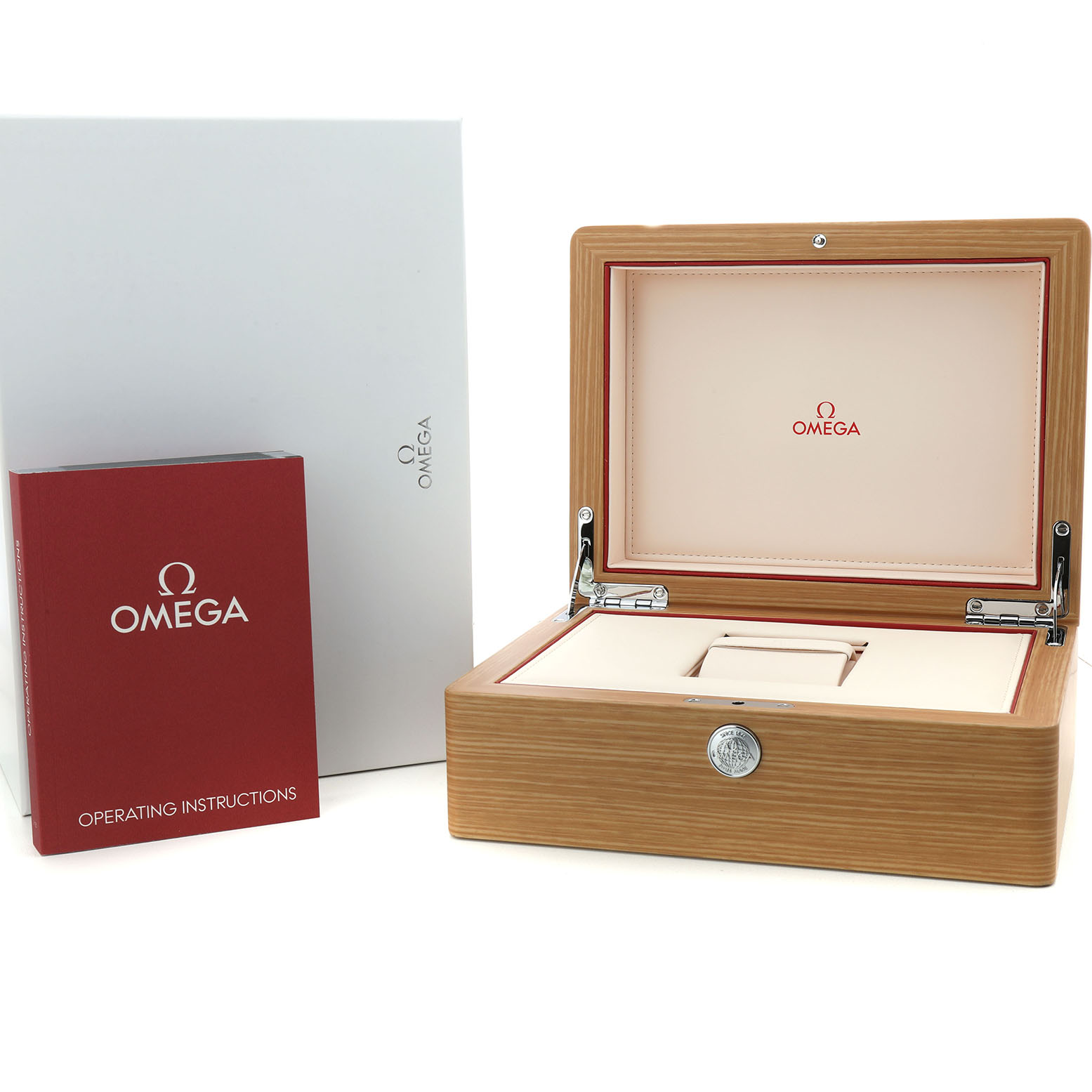 The image shows an Omega Seamaster 212.30.41.20.01.003 Men's Stainless Steel Black Dial box, instruction manual, and protective sleeve from a front angle.