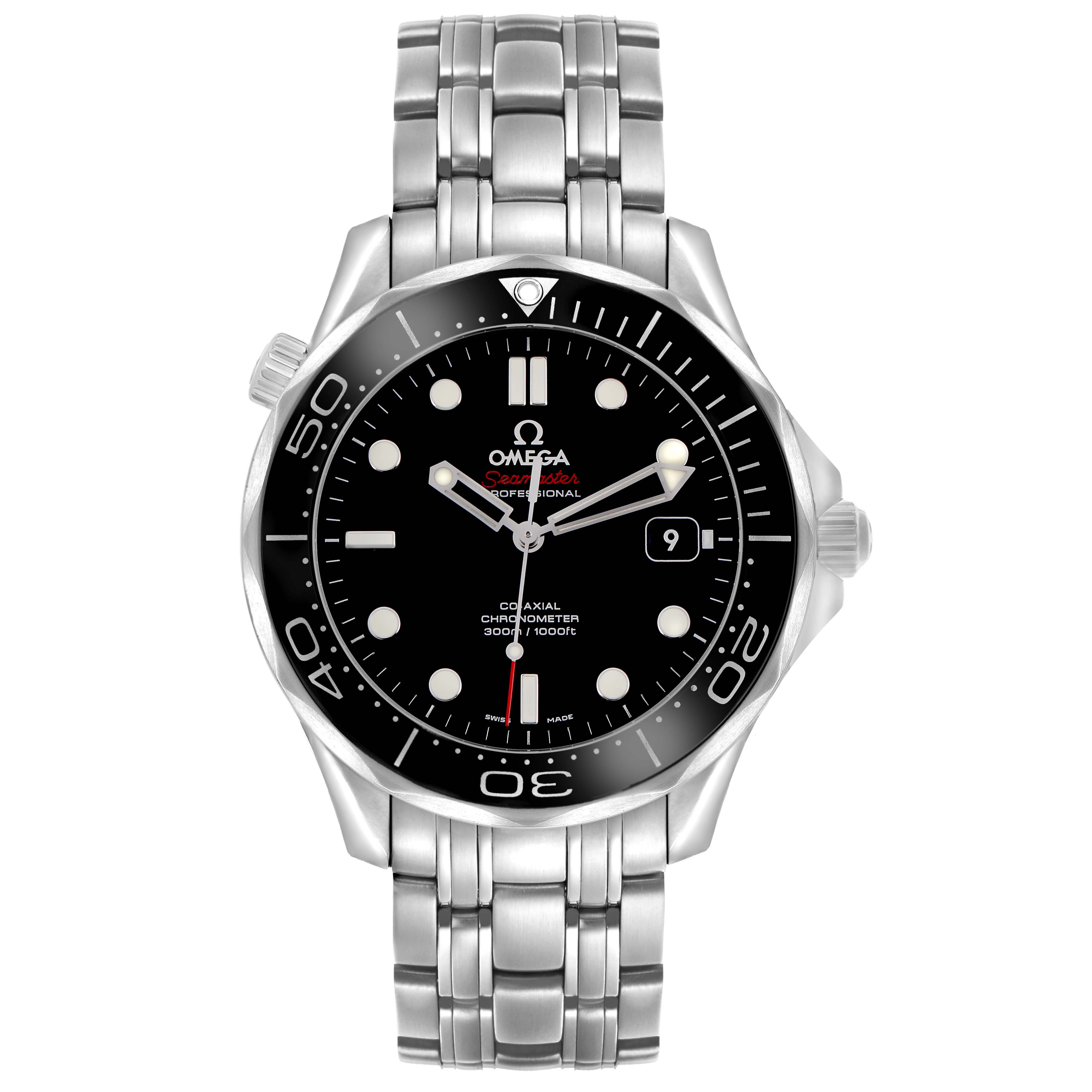 The Omega Seamaster 212.30.41.20.01.003 Men's Stainless Steel Black Dial watch is shown from the front, displaying the face, bezel, crown, and stainless steel bracelet.