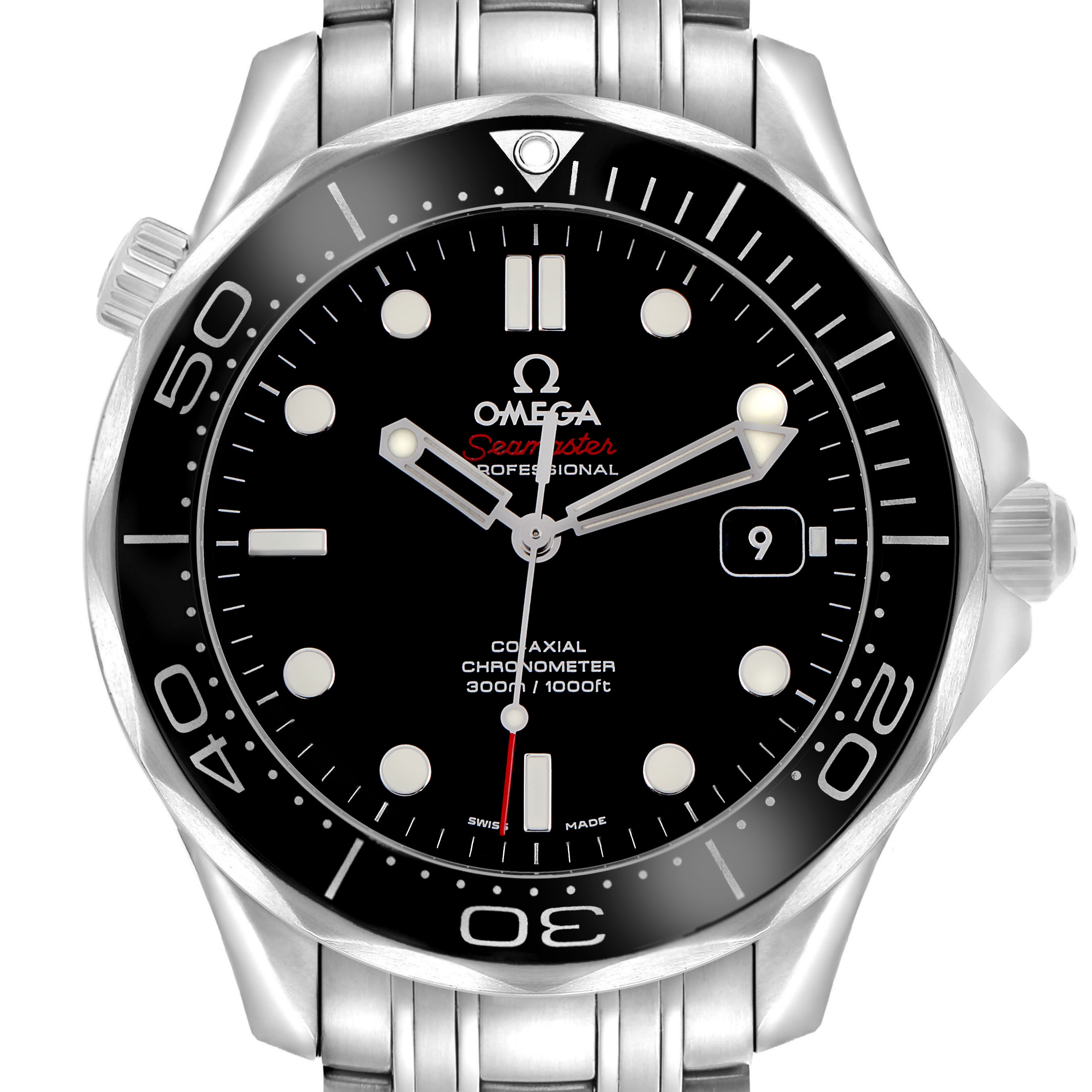 The Omega Seamaster 212.30.41.20.01.003 Men's Stainless Steel Black Dial watch is shown from a front angle, highlighting the bezel, dial, and crown.