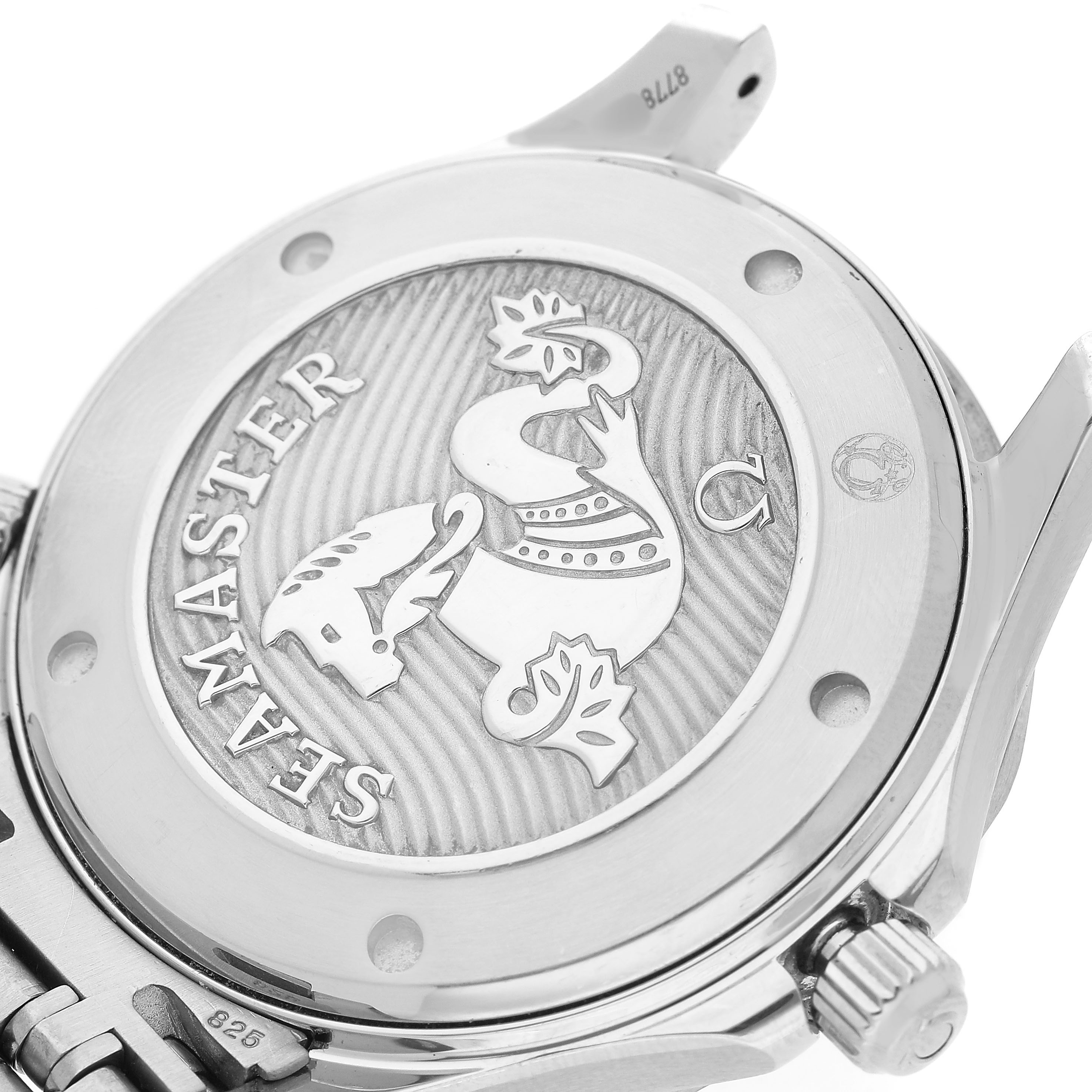 The image shows the back case of an Omega Seamaster 212.30.41.20.01.003 Men's Stainless Steel Black Dial watch, featuring its embossed design.